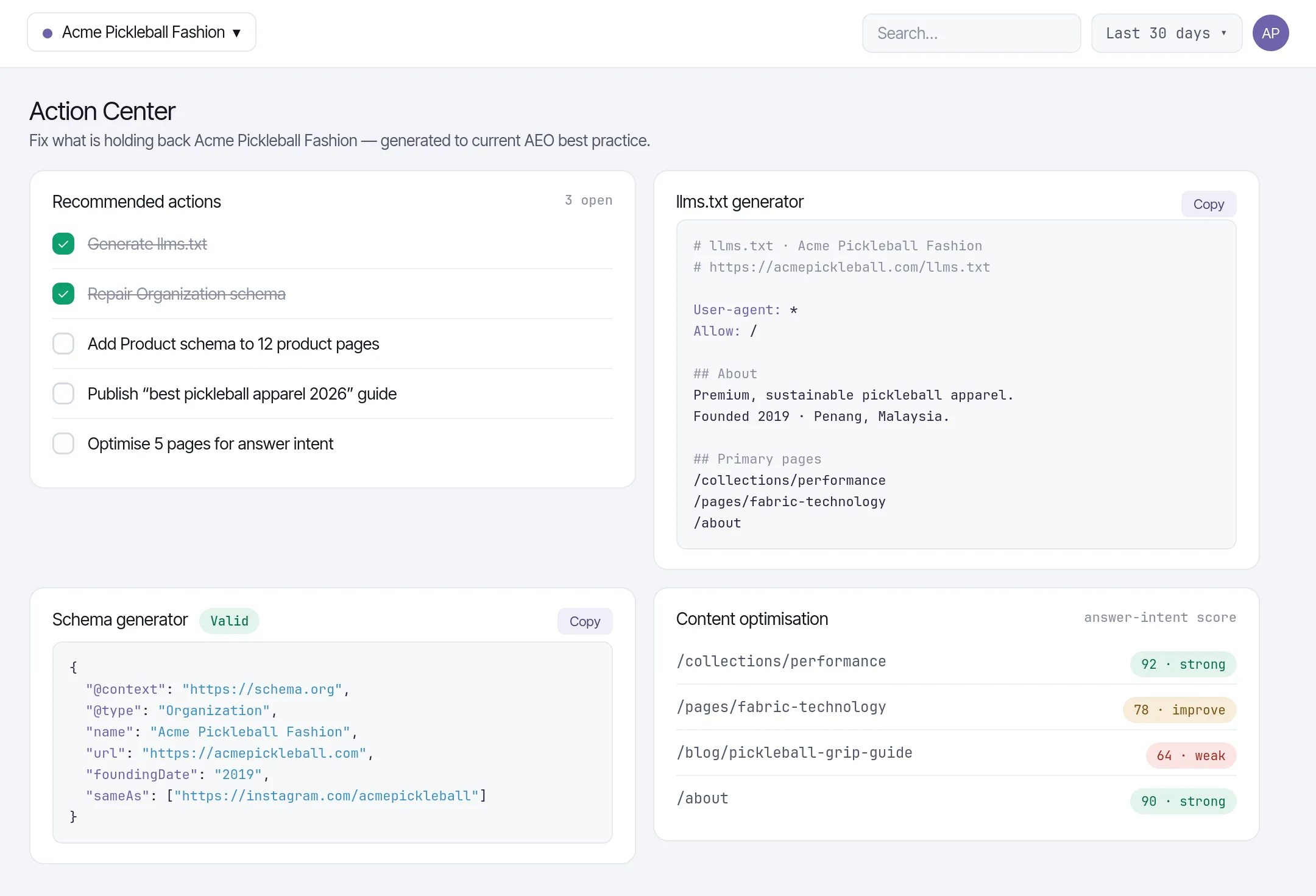 Zicy Action Center with the llms.txt generator, schema generator and content optimisation tools.