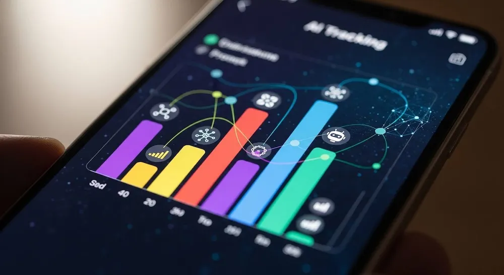 A smartphone displaying a colourful AI tracking dashboard with bar charts and network icons.
