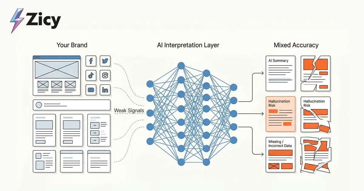 Diagram of brand signals passing through an AI interpretation layer, shown as a neural network, and emerging as mixed-accuracy outputs including an AI summary, hallucination risk and missing or incorrect data.