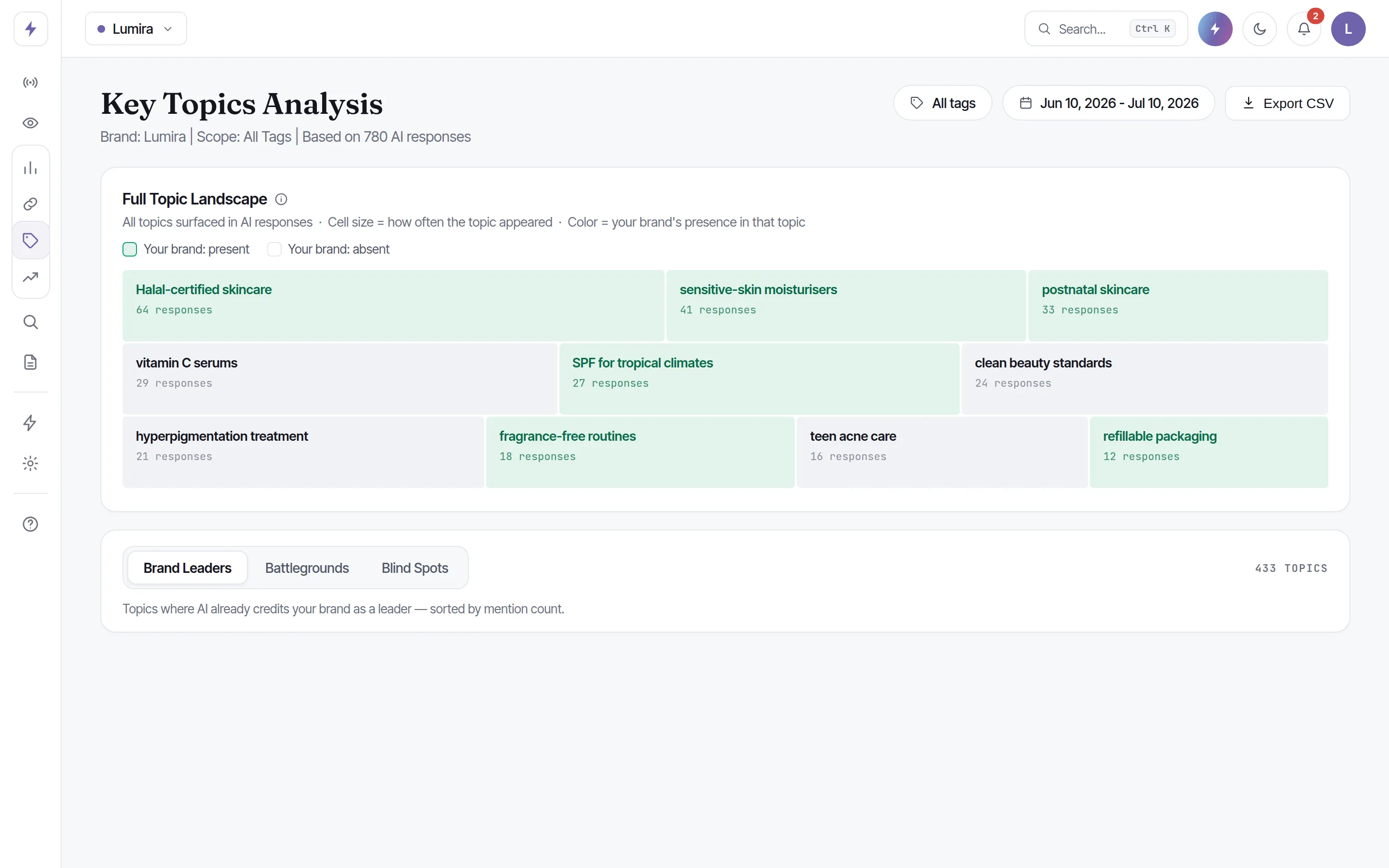 Key Topics treemap splitting the category into topics where the brand is present or absent.