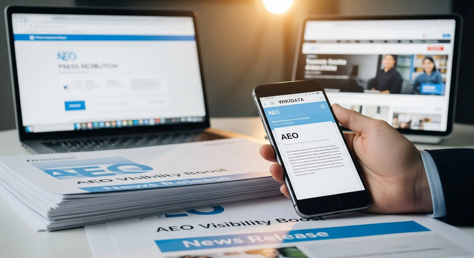 A laptop showing a press-release distribution page, a phone showing a Wikidata entry, and printed AEO news releases on a desk.