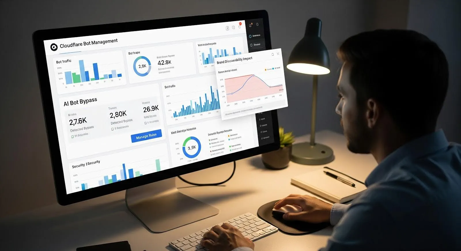 A person viewing a Cloudflare bot-management dashboard with AI bot-bypass metrics and a brand-discoverability impact chart.