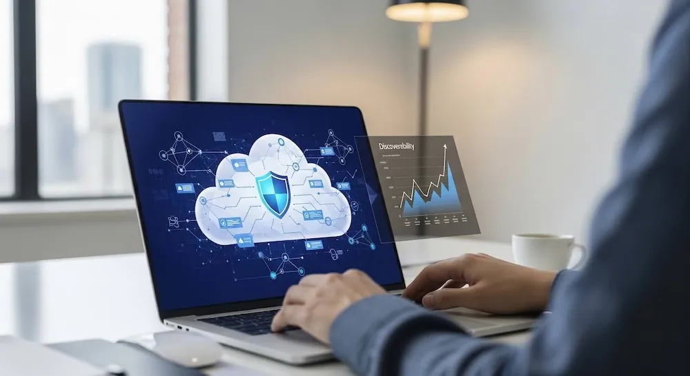 A laptop showing a cloud-security shield and a discoverability chart, with a person working at a desk.