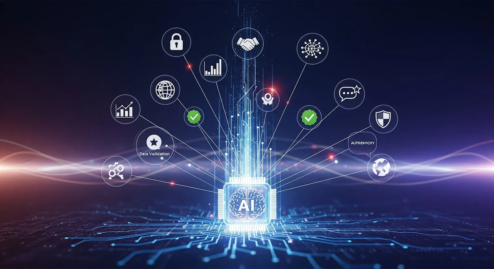 An AI brain chip on a circuit board linked to trust-signal icons including a padlock, handshake, verification tick, shield and authenticity badge.