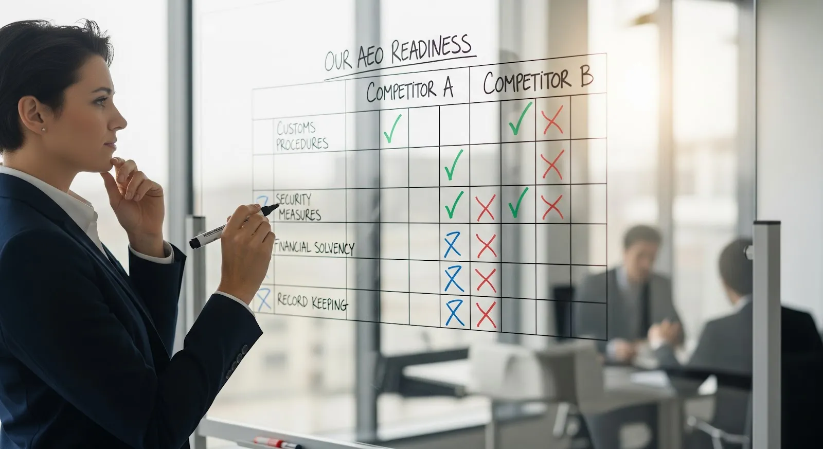 A businesswoman comparing her brand's AEO readiness against two competitors on a glass board with ticks and crosses.