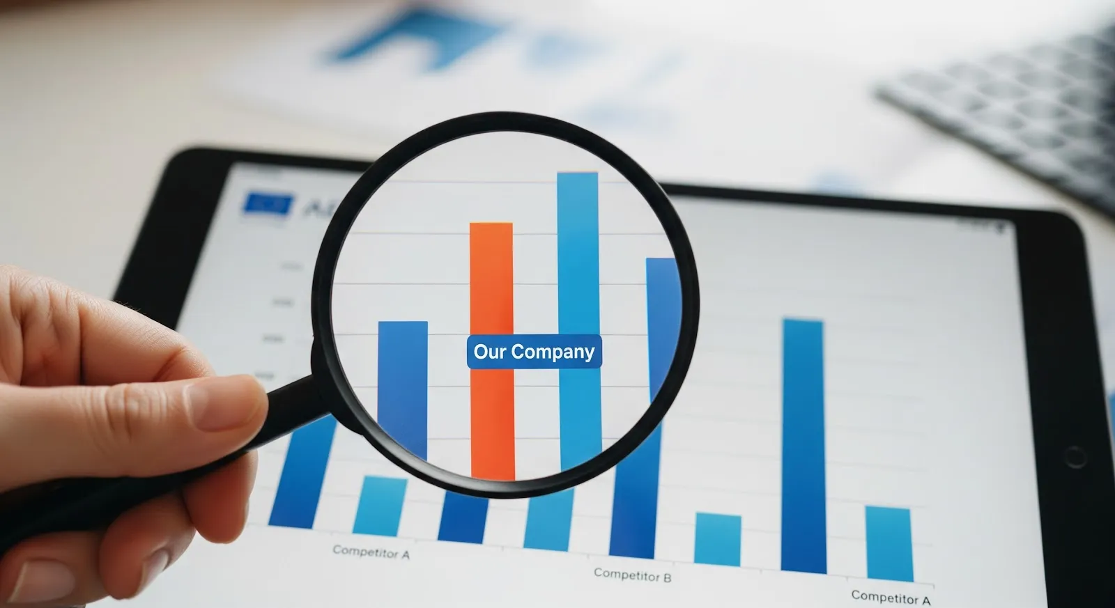 A magnifying glass held over a tablet bar chart, highlighting one company's bar against its competitors.