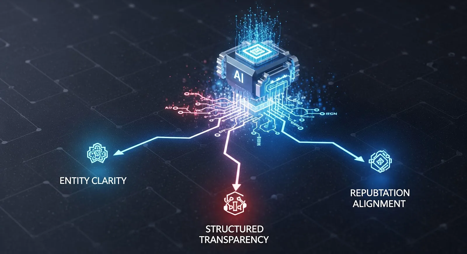 An AI chip on a circuit board linked to three factors: entity clarity, structured transparency and reputation alignment.