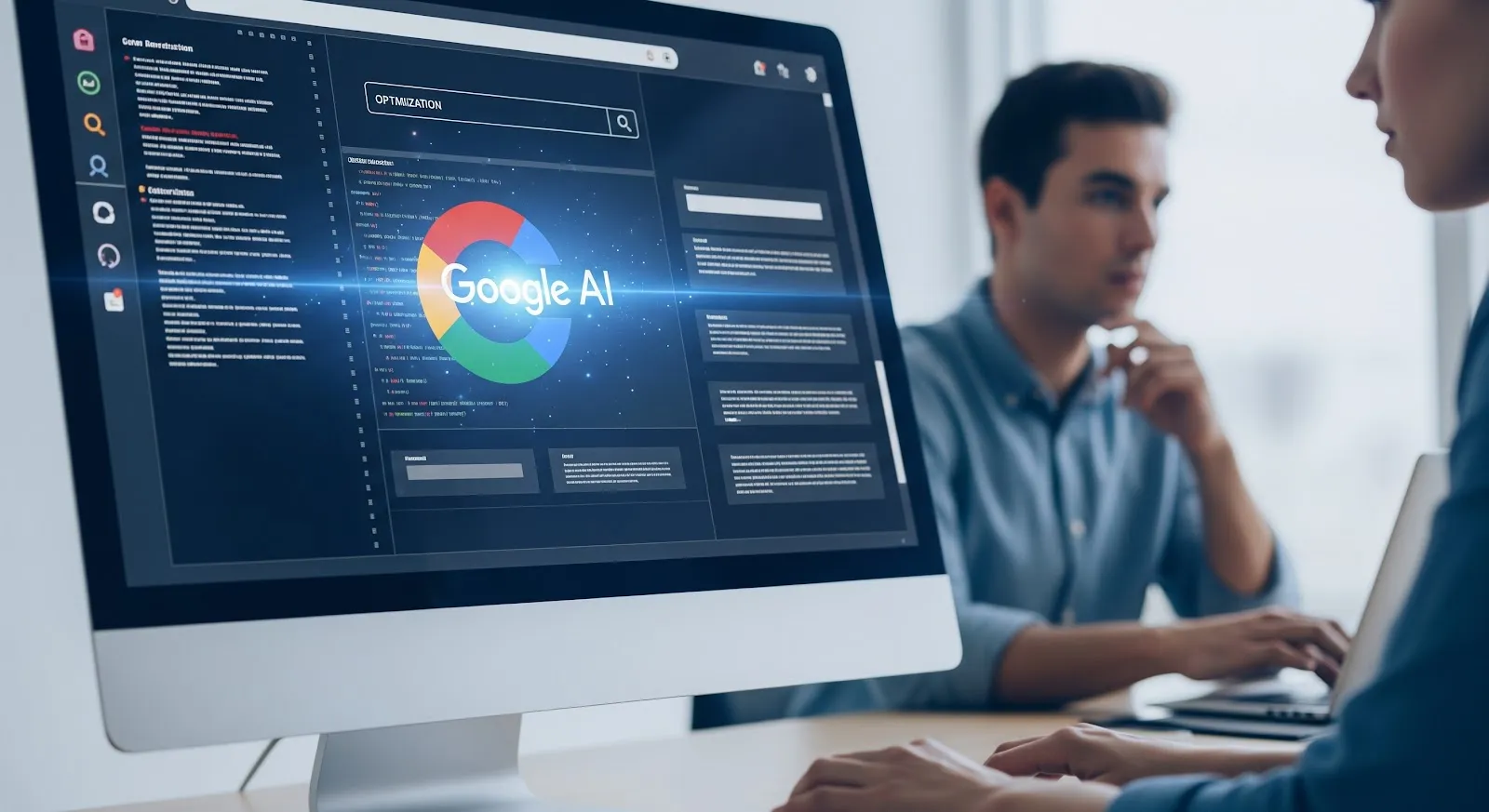 Two people at a desk viewing a monitor with a Google AI search interface and code.
