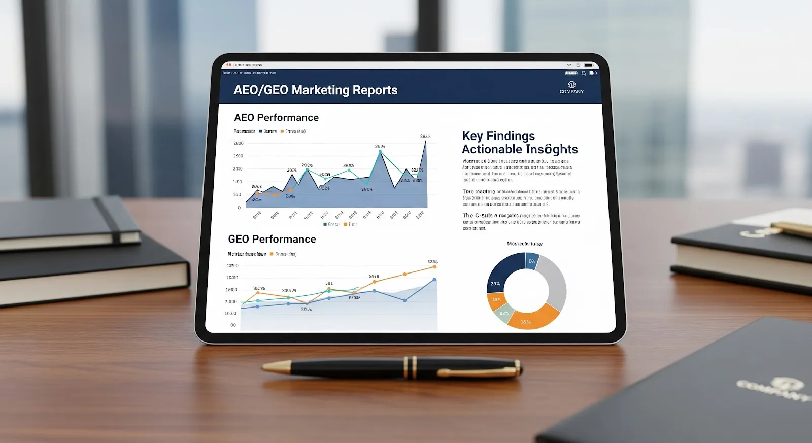 A tablet on a desk displaying an AEO and GEO marketing report with performance charts and a key-findings summary.
