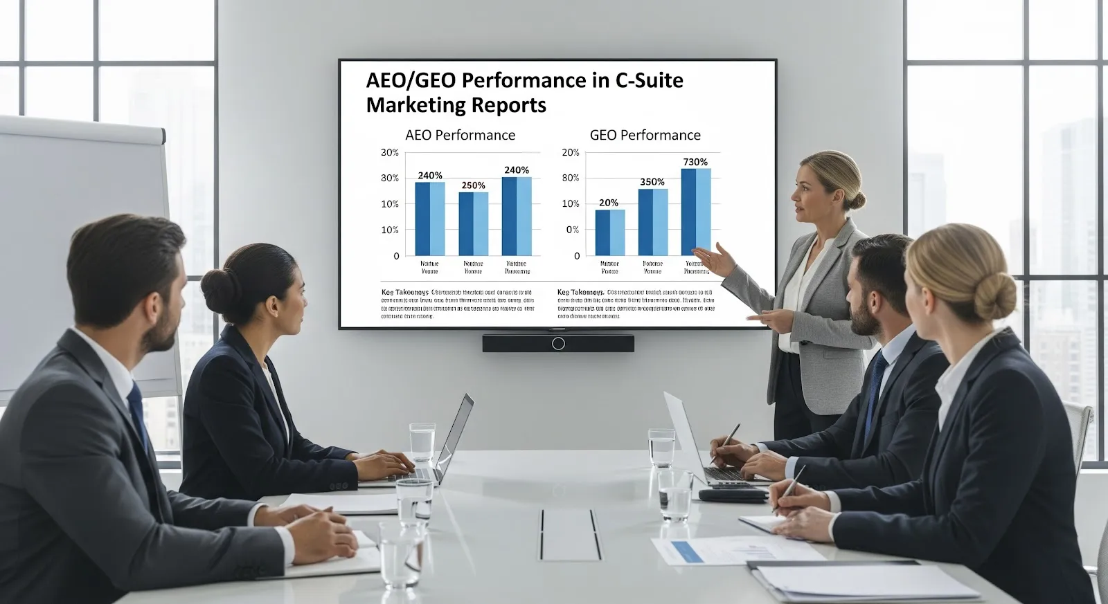 A presenter showing AEO and GEO performance charts on a screen to executives in a boardroom.
