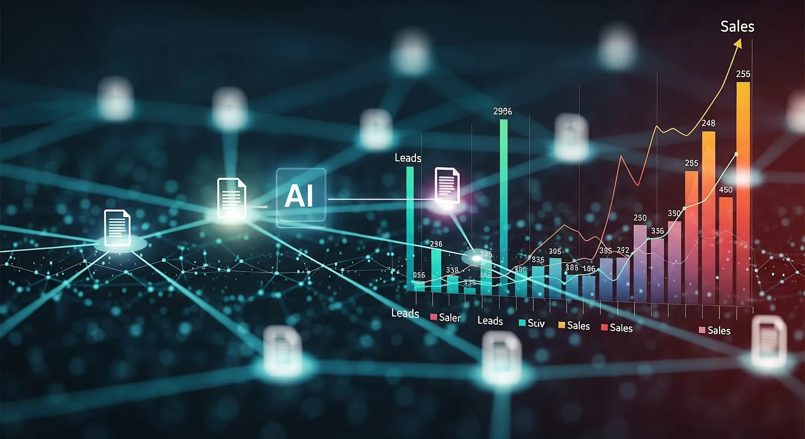 Abstract visualisation of connected documents feeding an AI node, with a rising bar chart labelled leads and sales.