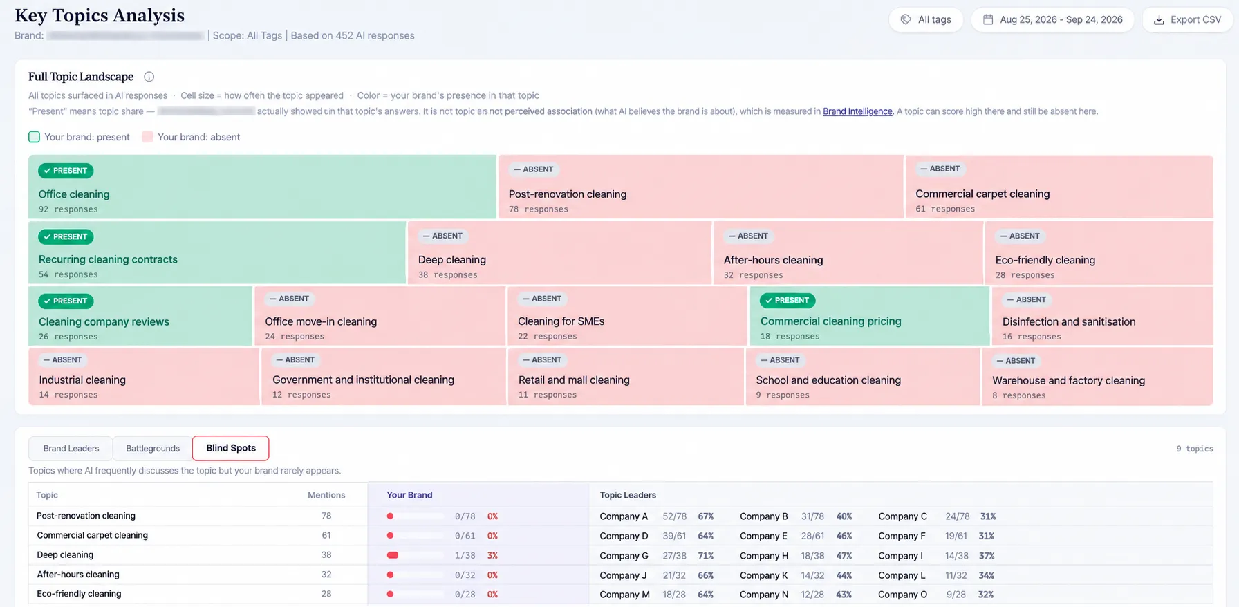 Key Topics Analysis showing blind spots where competitors appear but the tracked brand is absent