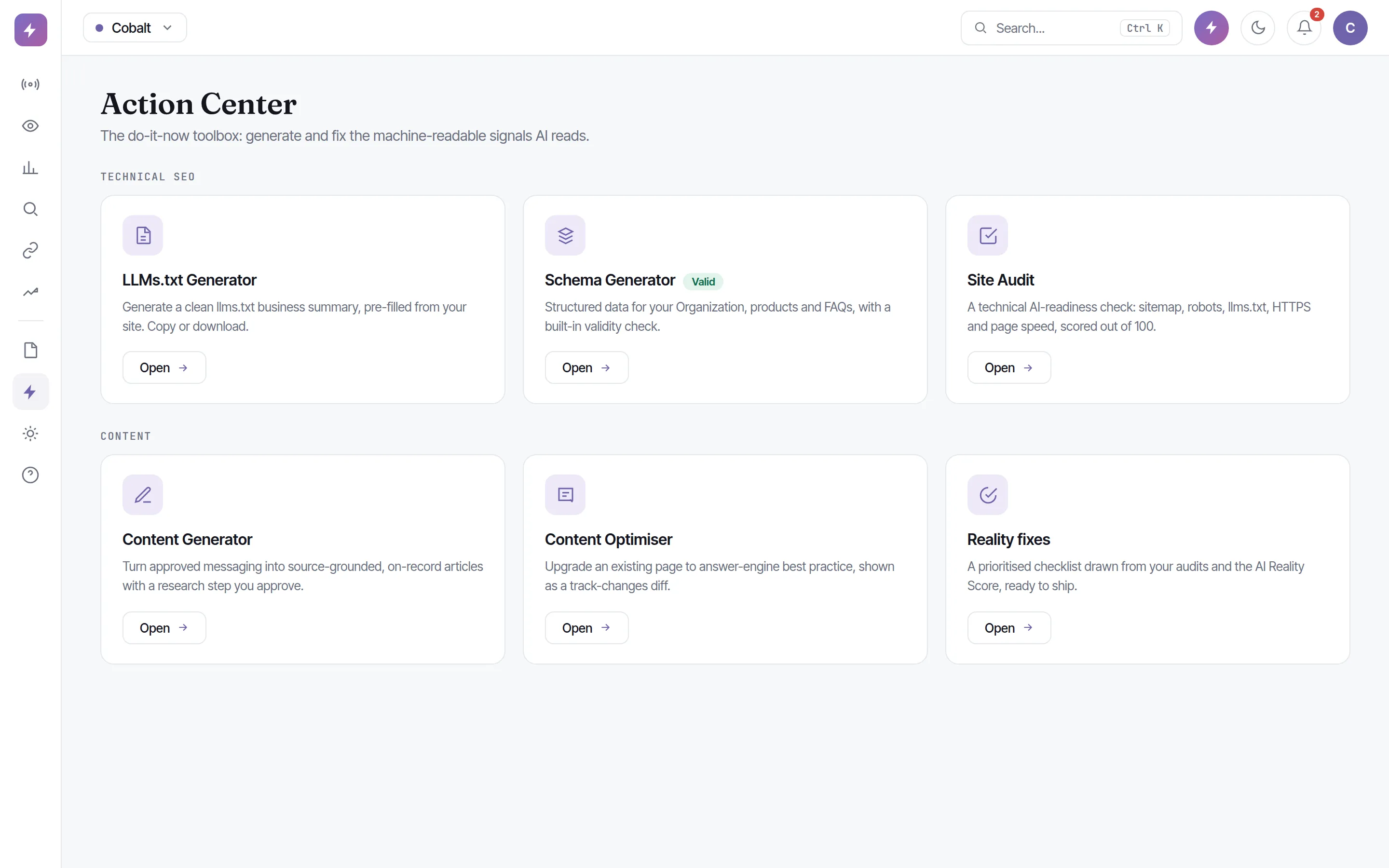 Zicy Action Center with the llms.txt generator, schema generator and content optimisation tools.