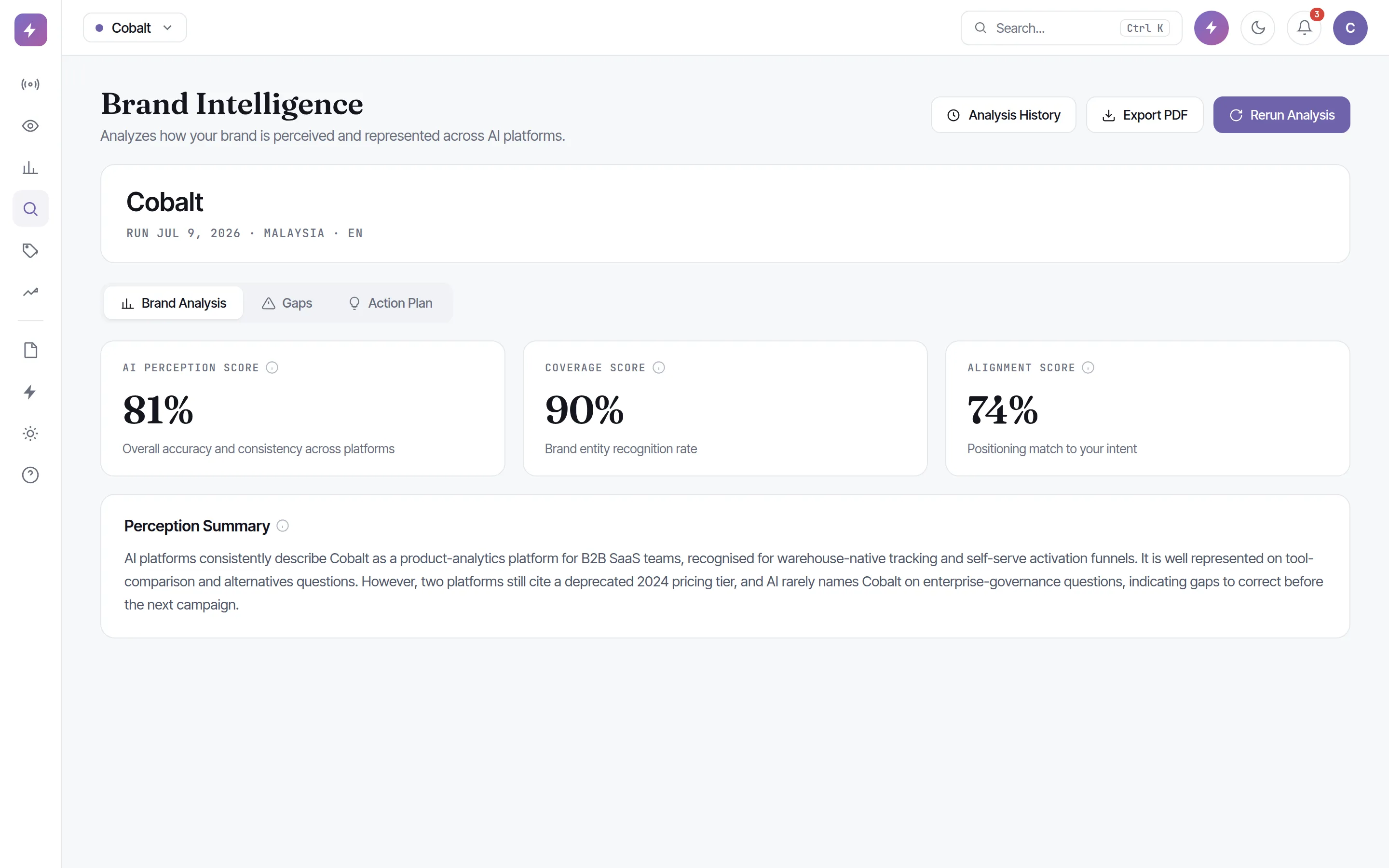 Zicy Brand Intelligence report showing how AI perceives the brand, an AI Reality Score fact-check, and the entity graph.