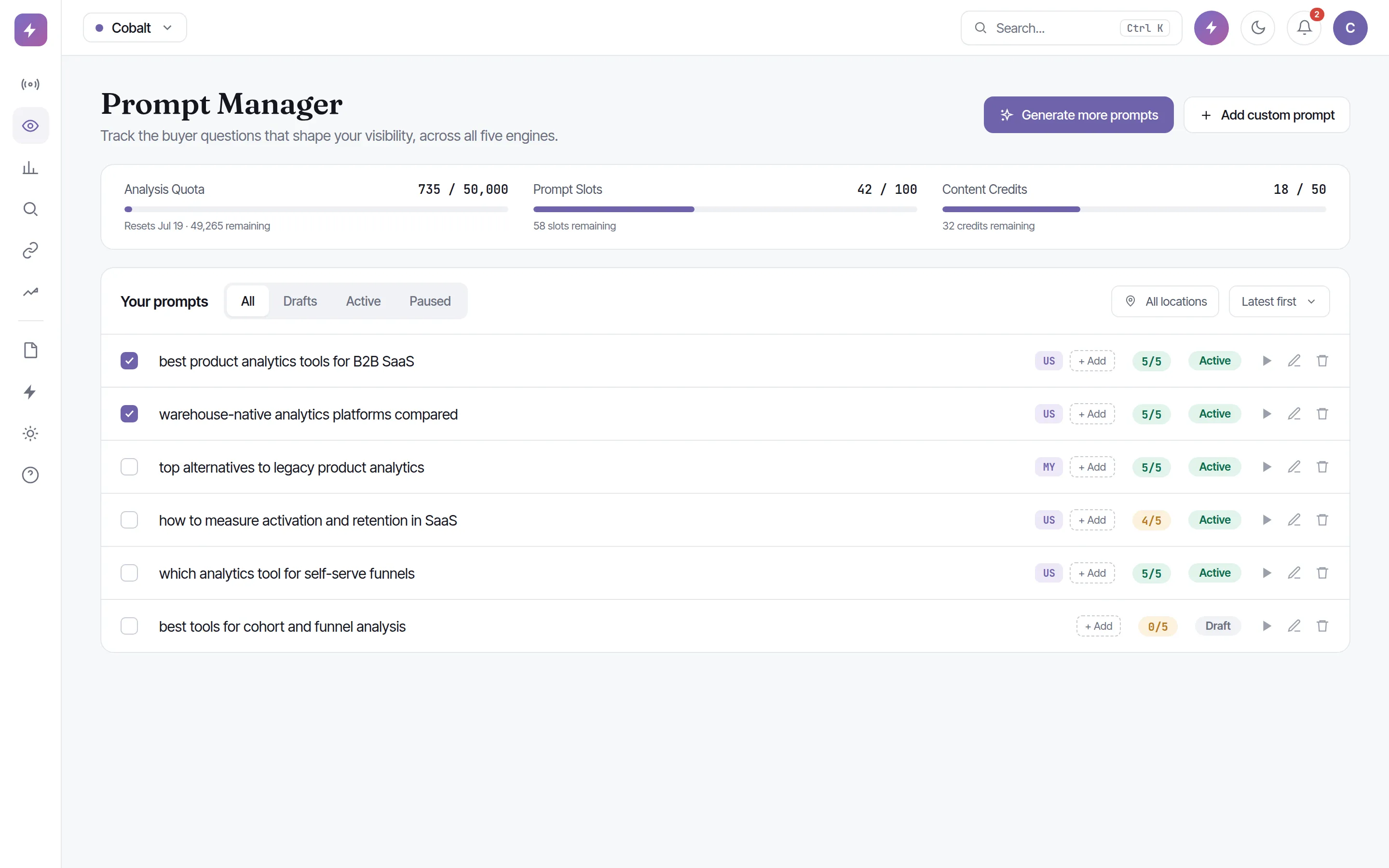 Zicy Prompt Manager showing a tagged set of category questions, generated and custom prompts across topics, tagged by theme, built to run across all five engines.