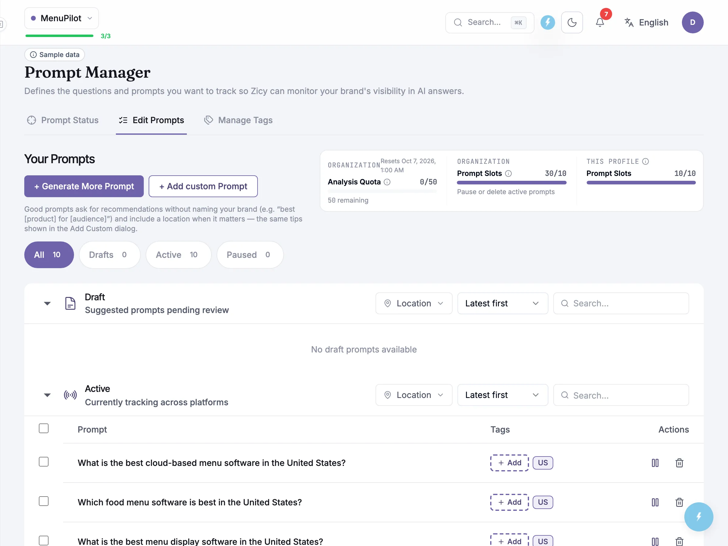 Zicy Prompt Manager showing a tagged set of category questions, generated and custom prompts across topics, tagged by theme, built to run across all five engines.
