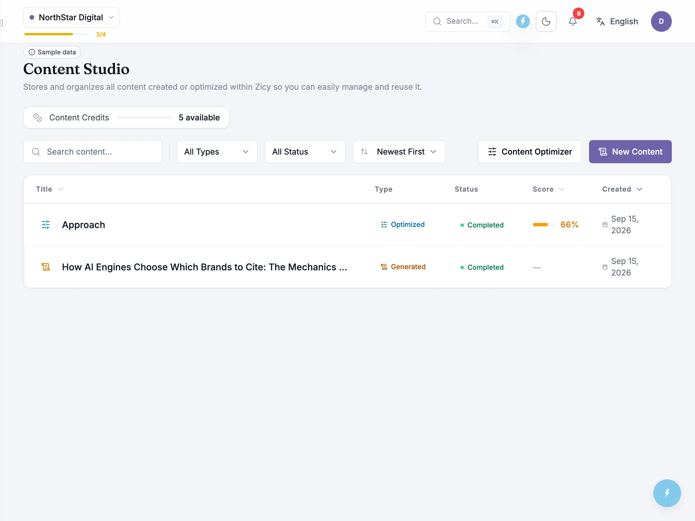 Zicy Content Studio in the Take Action section, listing optimised and generated content with Content Optimizer and New Content actions.