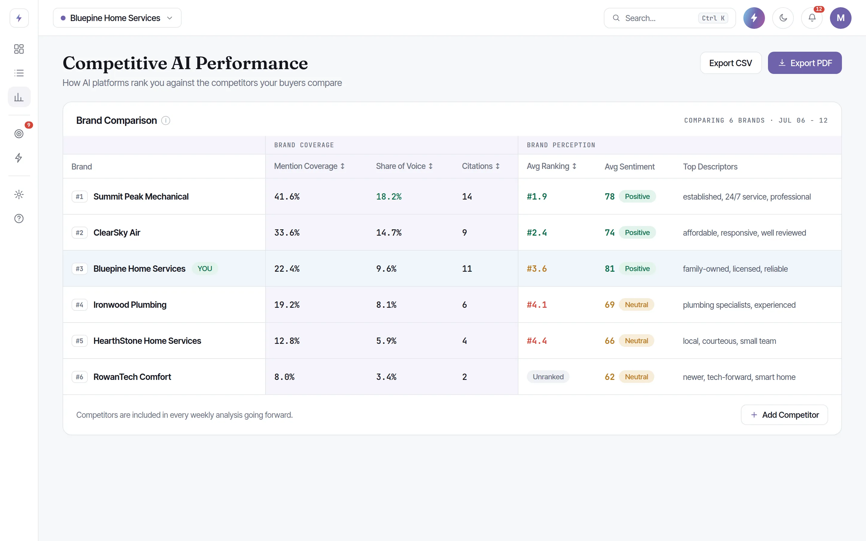 Competitive AI performance table comparing the business against rivals on mention coverage, ranking, citations, share of voice and sentiment.
