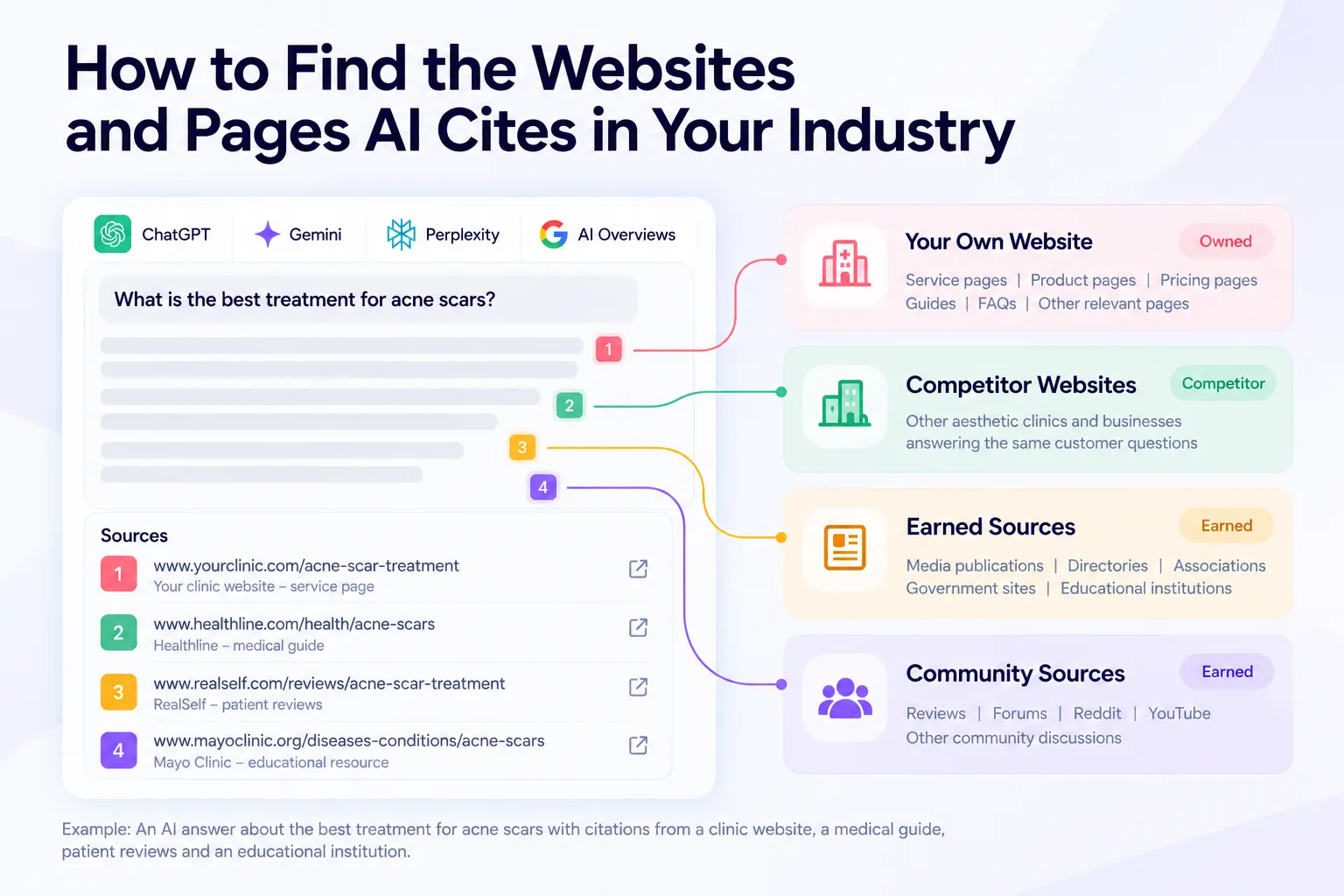 Example showing owned, competitor, earned and community sources cited in an AI answer