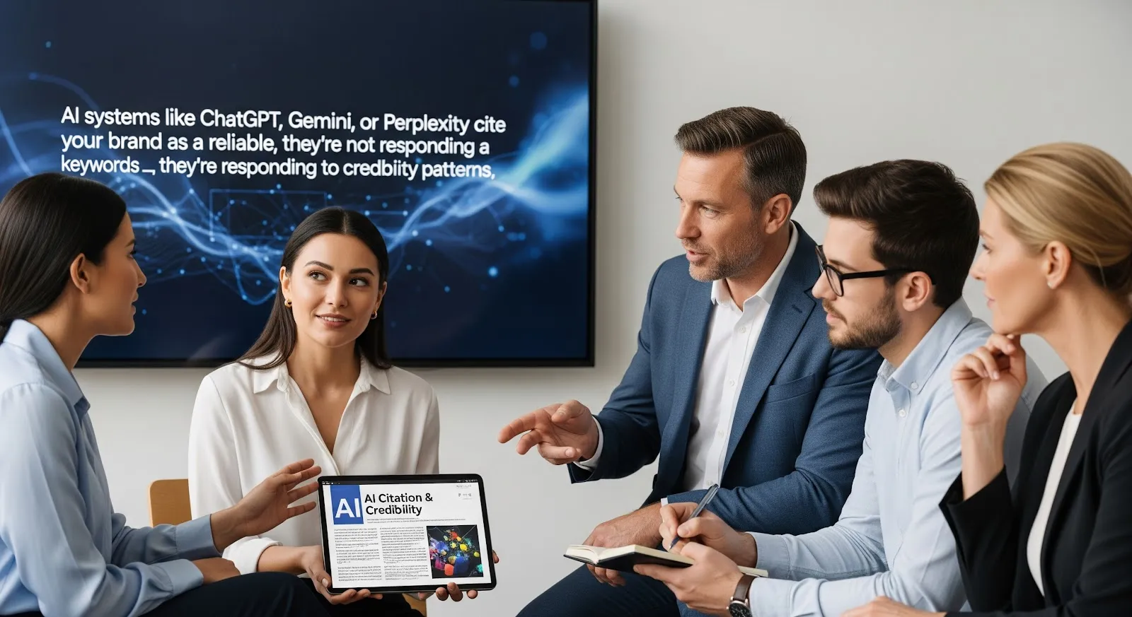 A team meeting about AI citation and credibility, one person holding a tablet, with an explanatory slide on the screen behind them.