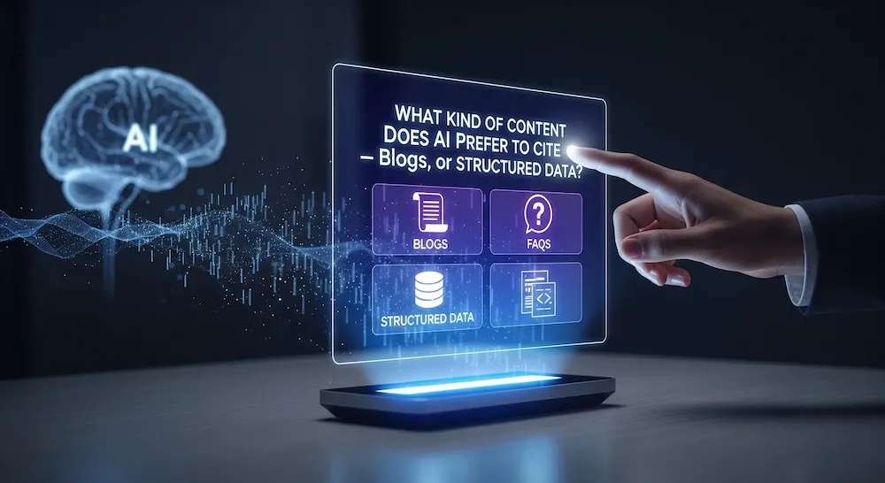 A holographic panel asking what kind of content AI prefers to cite, with blog, FAQ and structured-data options beside an AI brain.