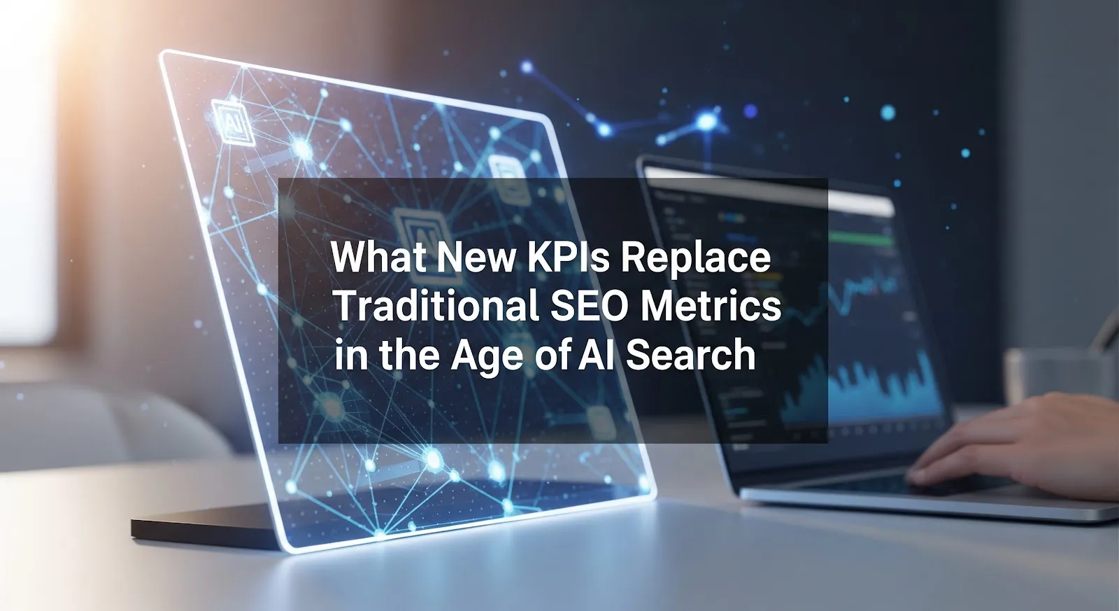 Illustration of a laptop with a glowing network hologram, titled what new KPIs replace traditional SEO metrics in the age of AI search.