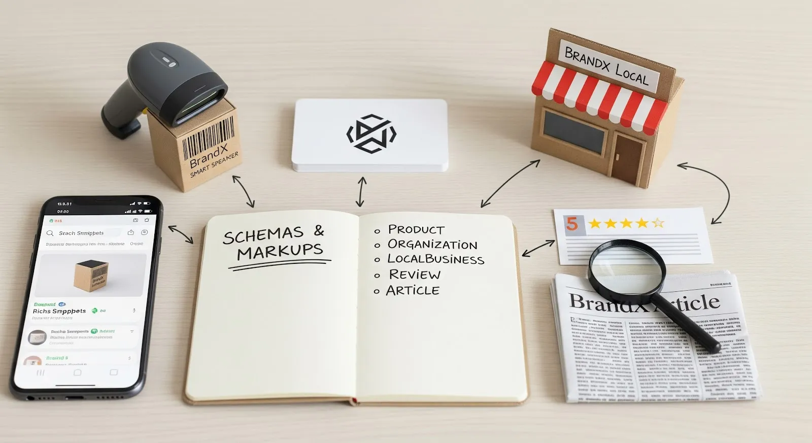 A desk arrangement linking a notebook headed schemas and markups, listing product, organization, local business, review and article, to a phone showing rich snippets, a shopfront and a newspaper article.