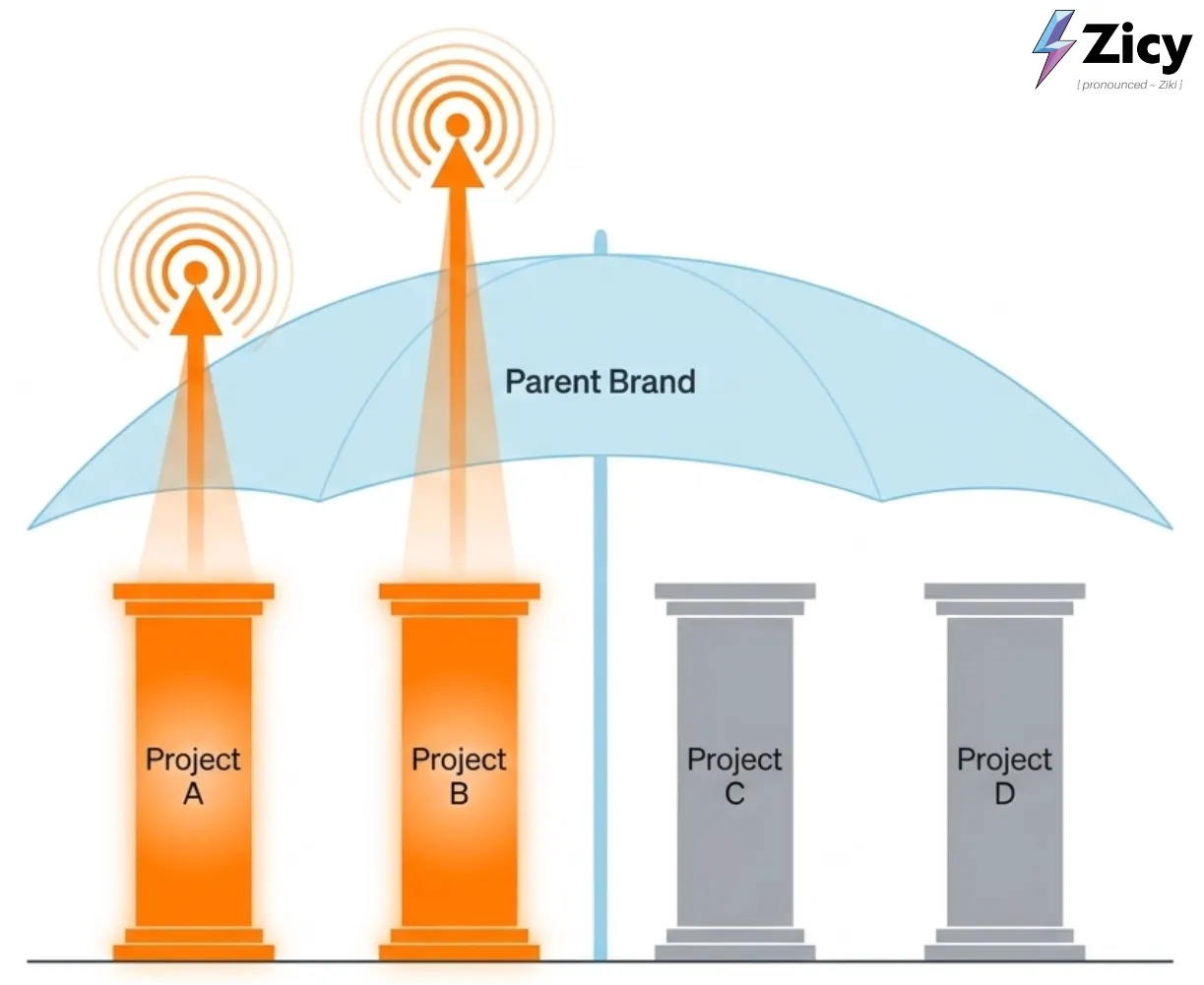Diagram of a parent-brand umbrella over four project pillars, where two projects broadcast their own signal and two remain invisible.