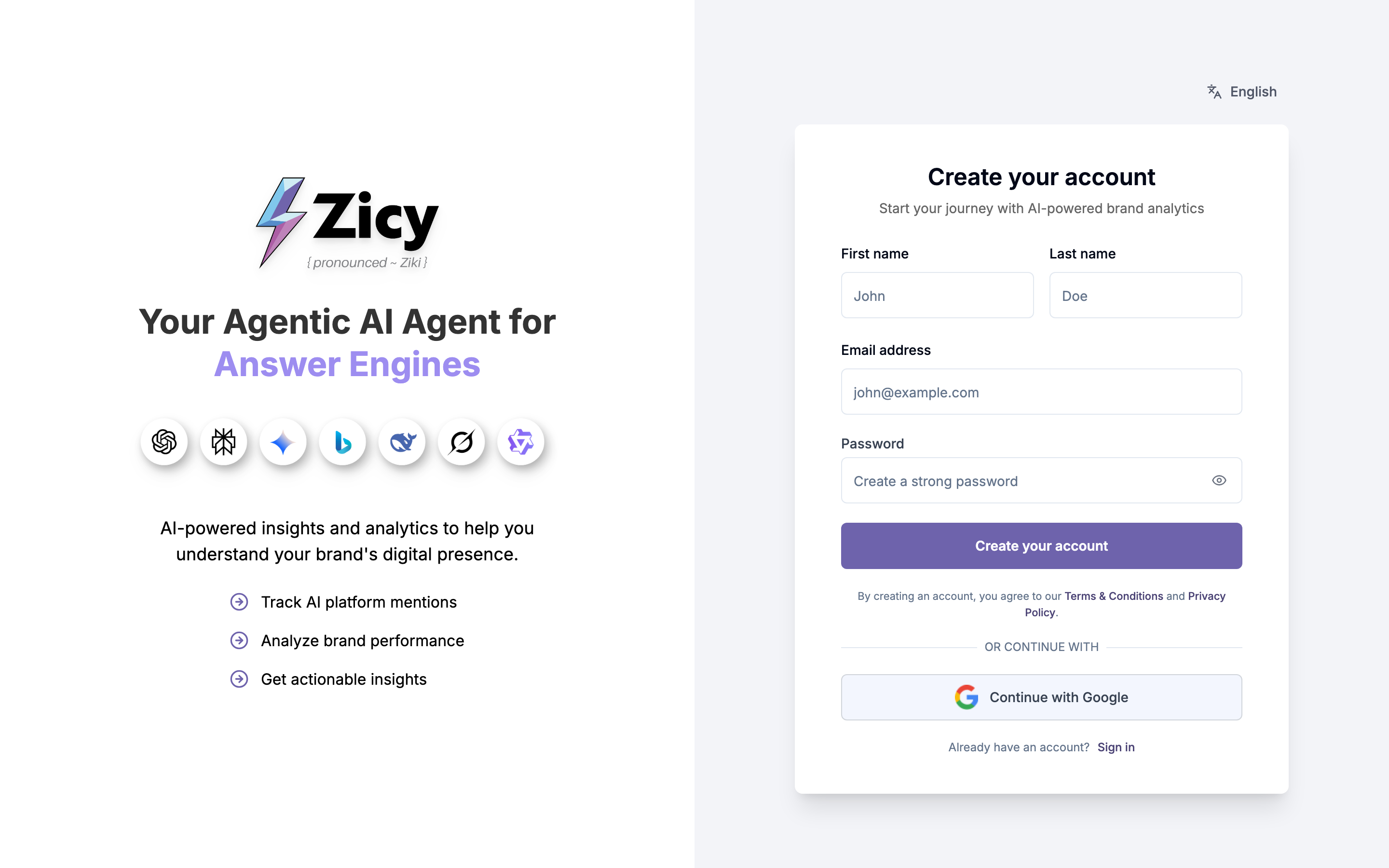 the Zicy sign-up page