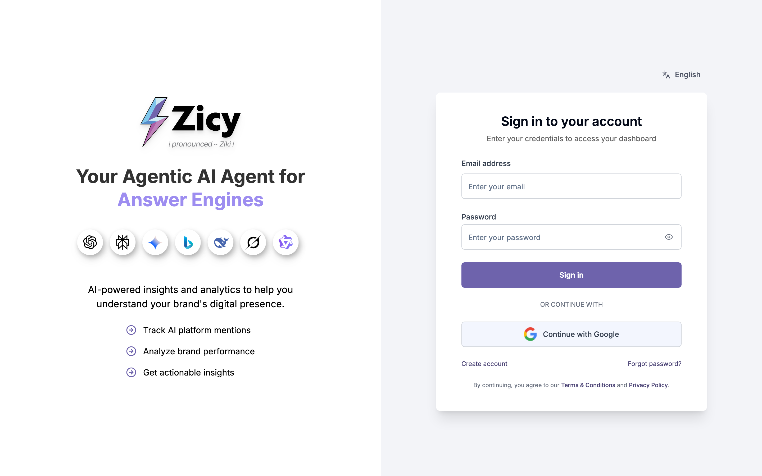 the Zicy sign-in page