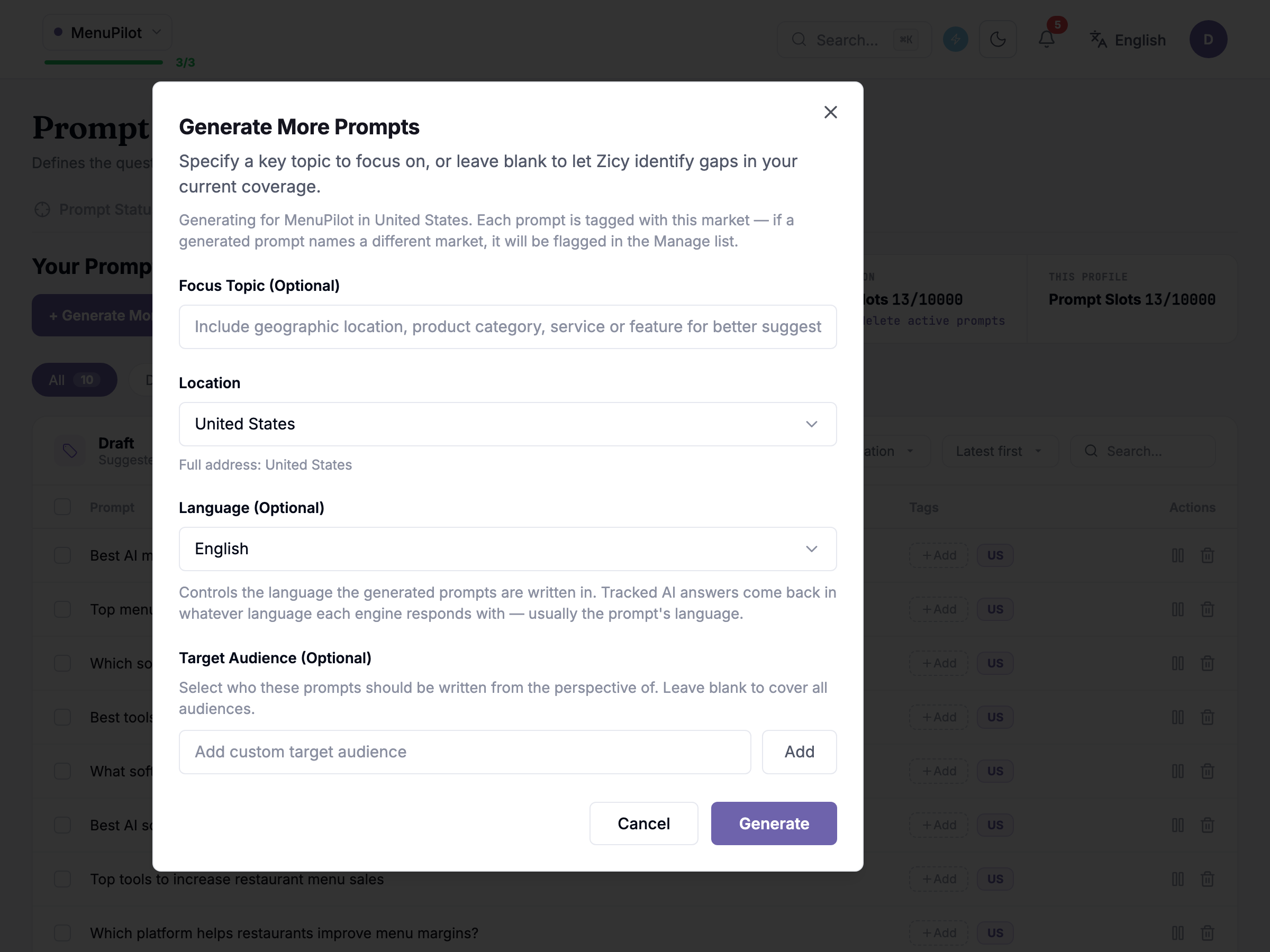 Sarah’s 10 generated prompts, ready to review and activate