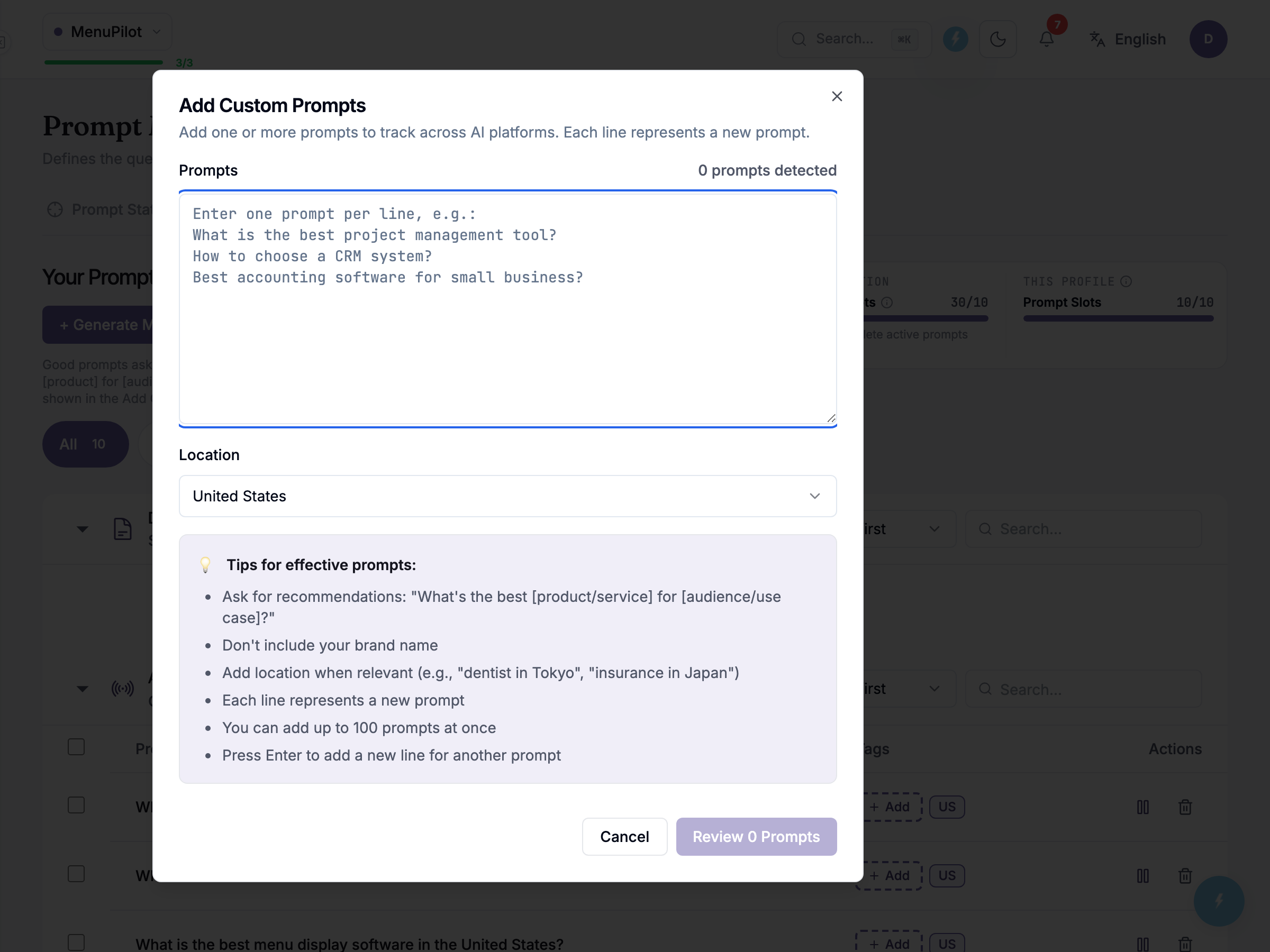 Sarah adding three custom prompts, with the tips panel on the right