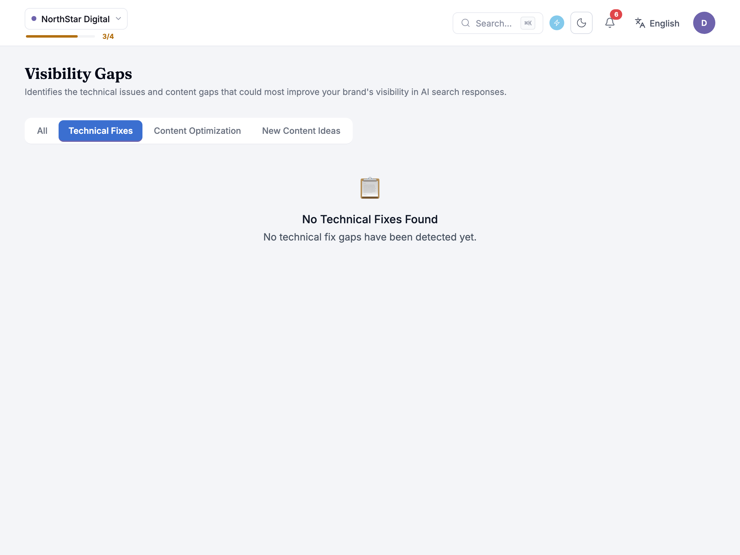 Technical Fixes tab in its empty state: No Technical Fixes Found