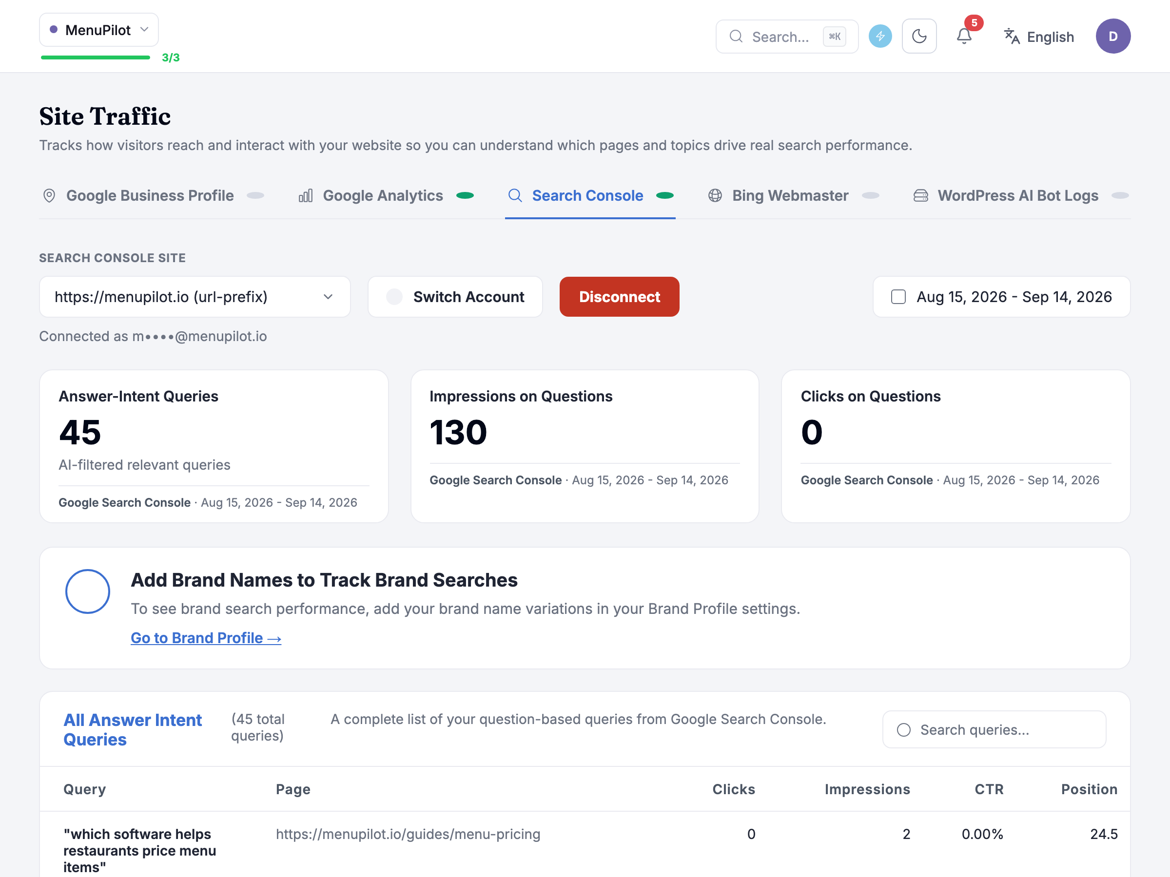 AI referrer sources panel and top landing pages panel