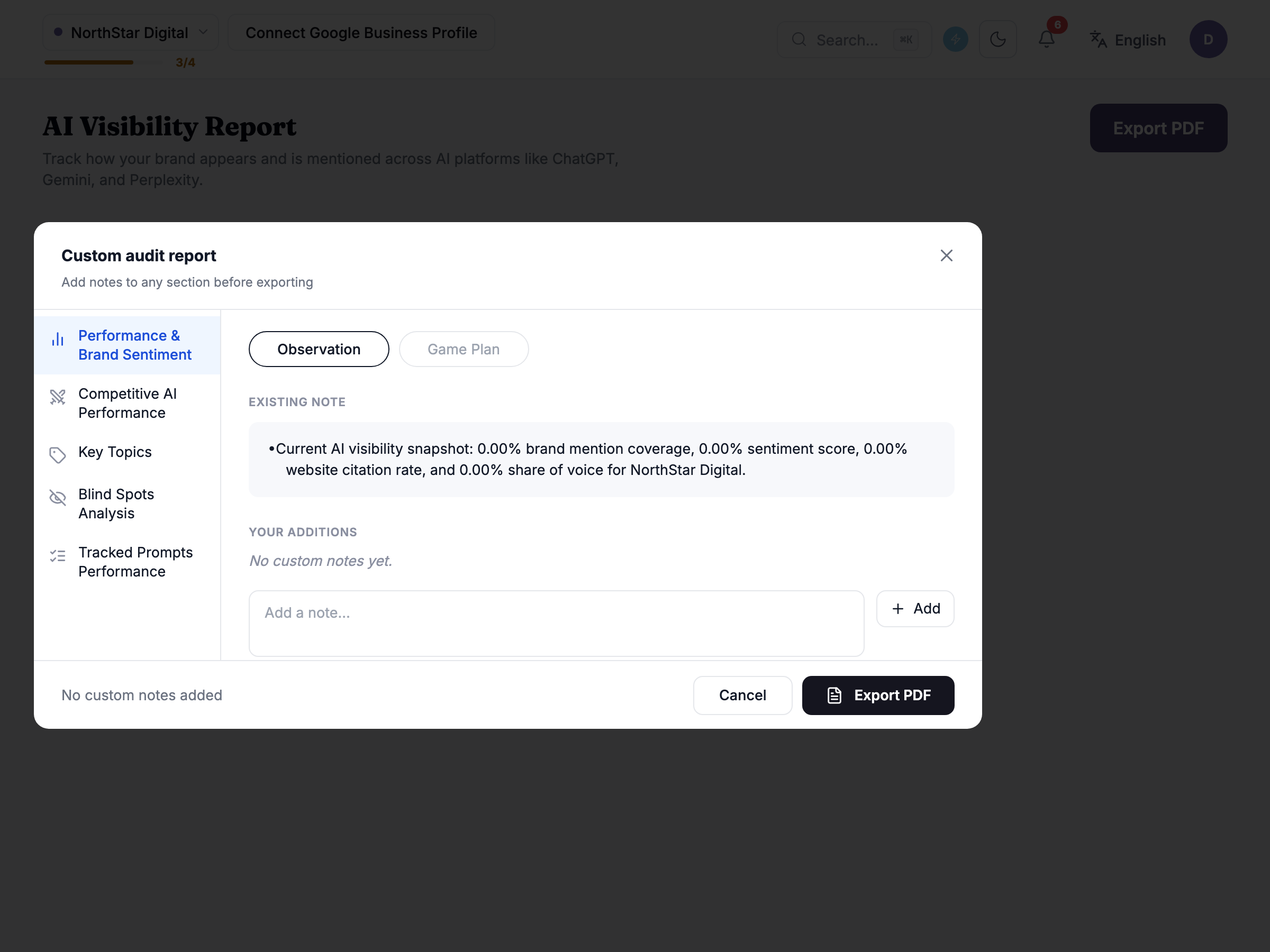 report customise modal with the section list and custom notes