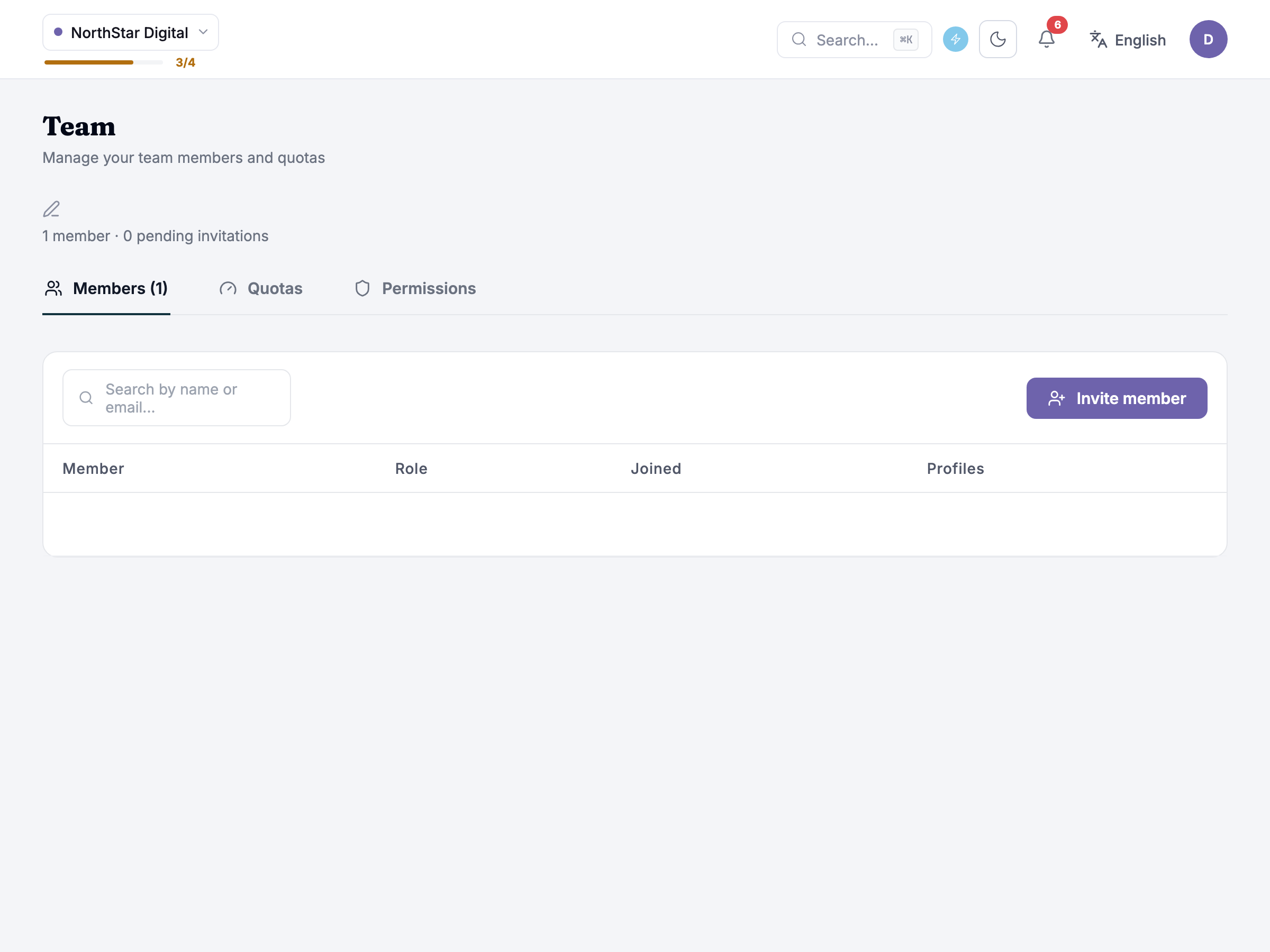 team roster table showing members, roles, joined dates, and assigned profiles