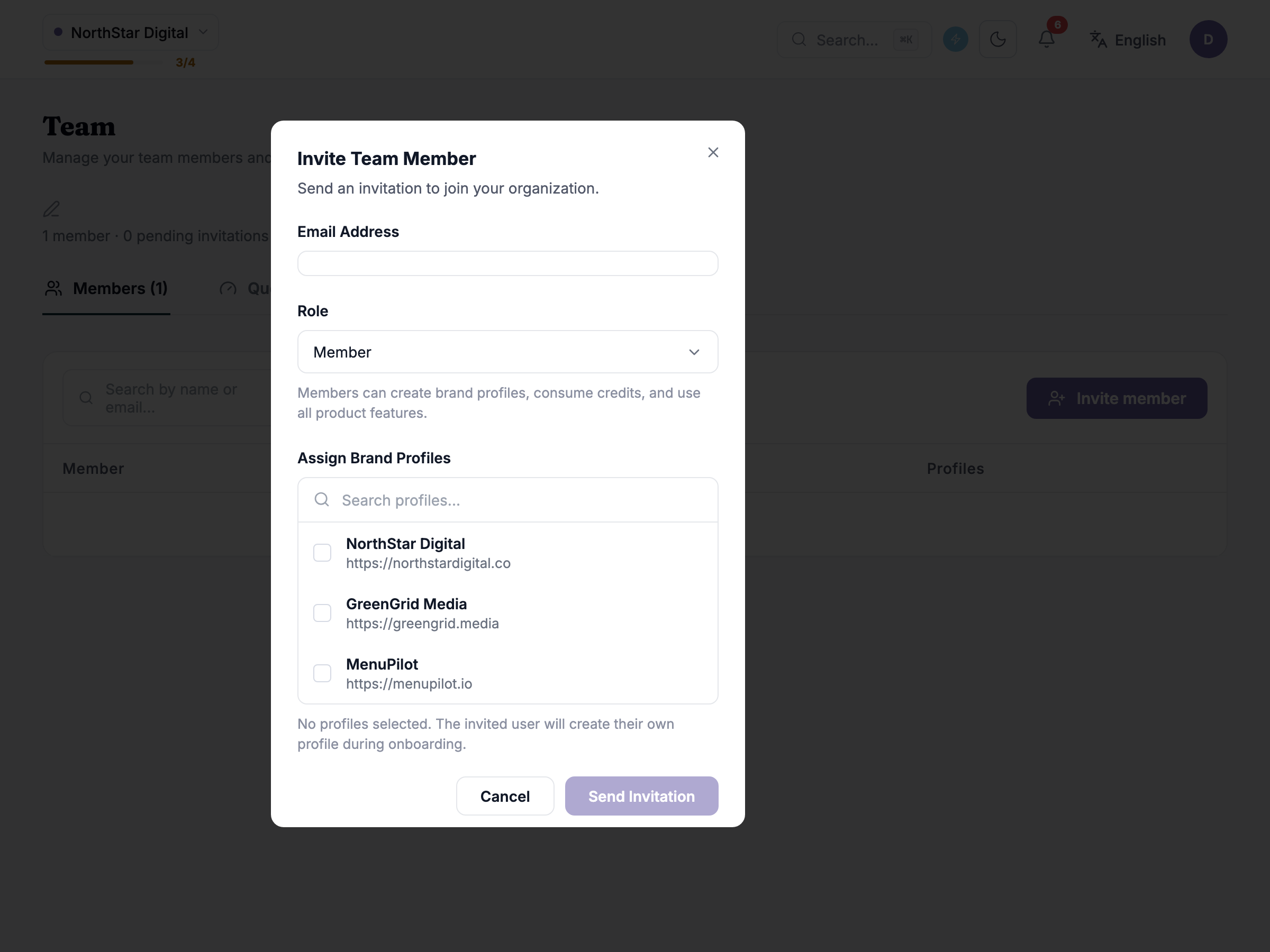 invite modal showing the role picker and Assign Brand Profiles checklist