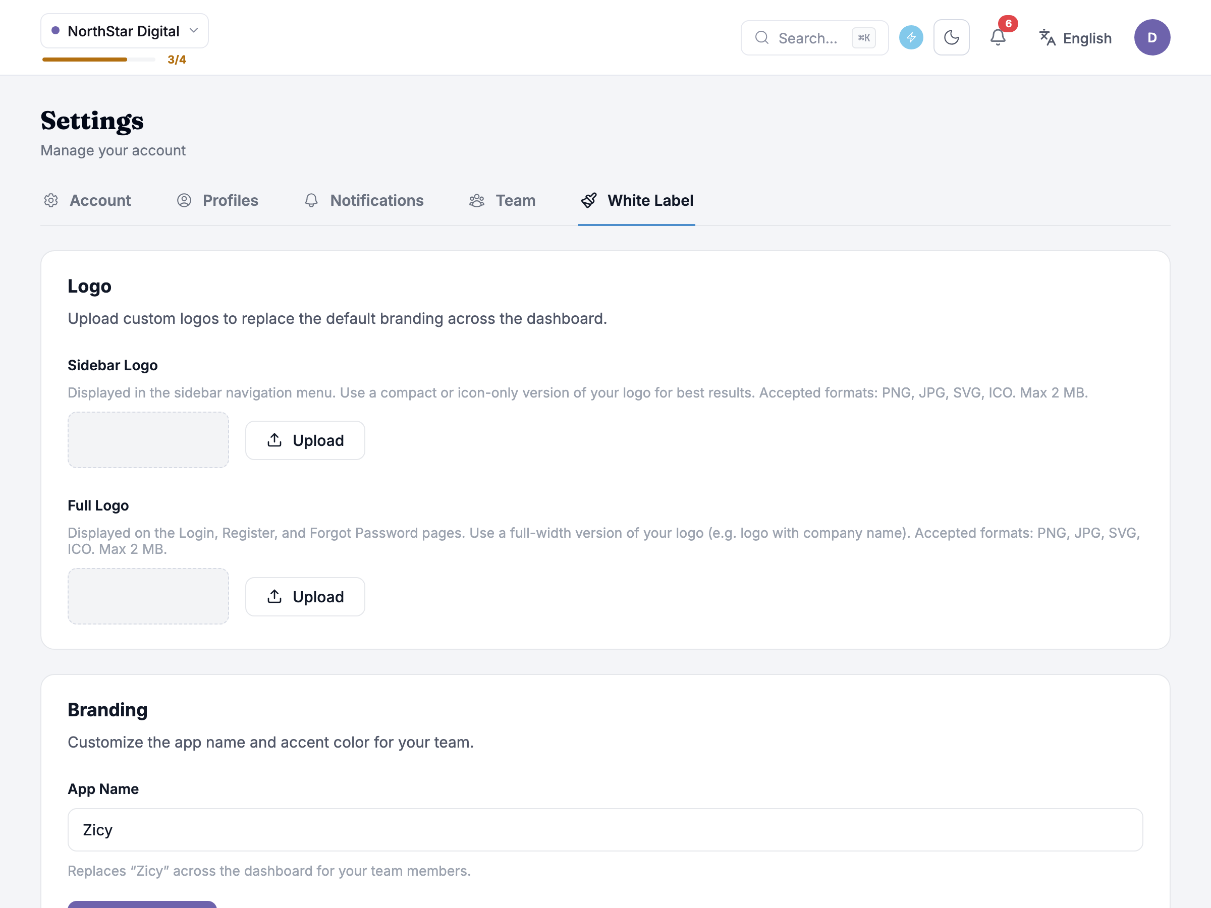 white label settings with logo, branding, and custom domain