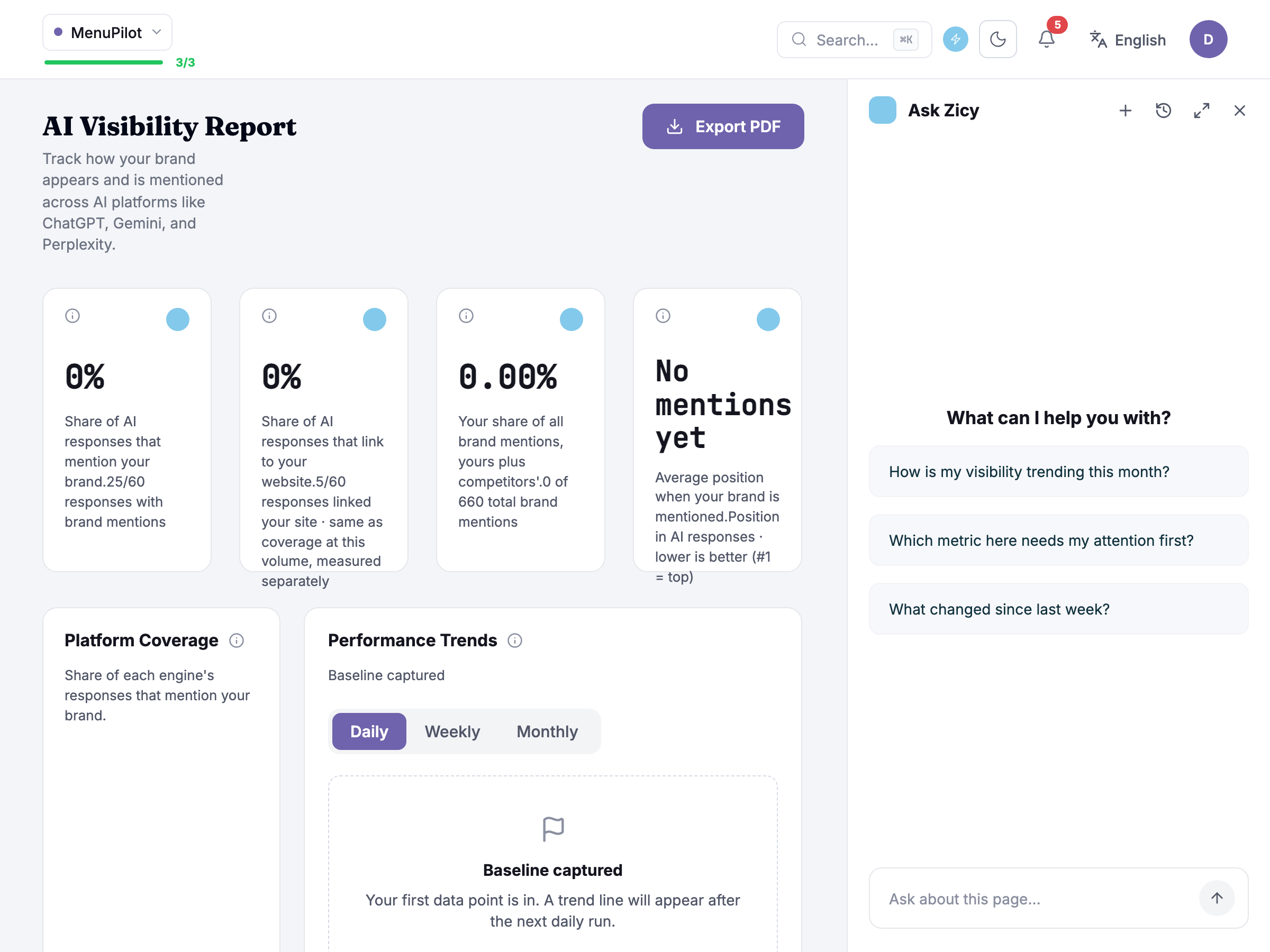Ask Zicy panel showing a structured answer with summary and supporting numbers