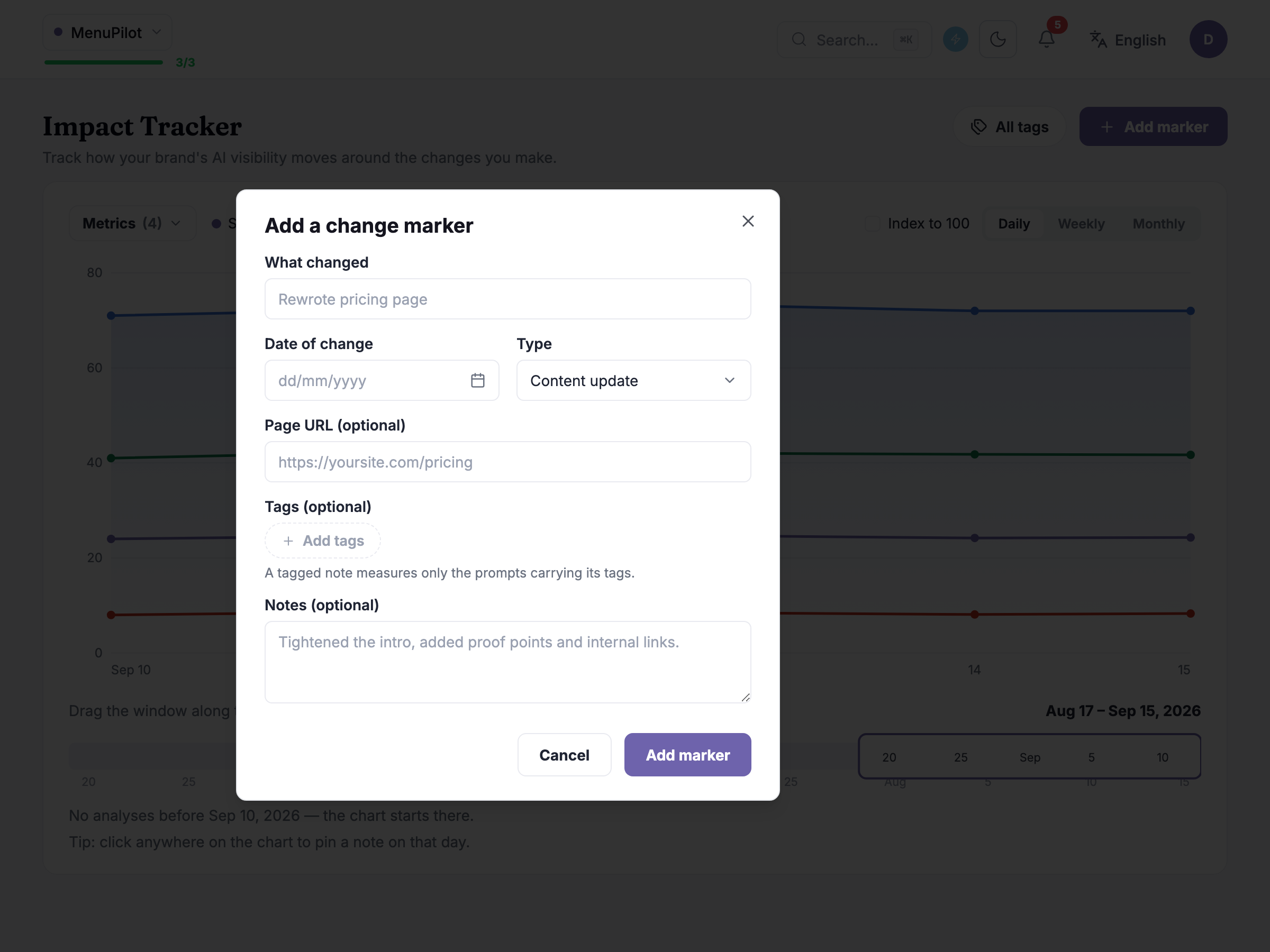 The Add a change marker modal, open and empty