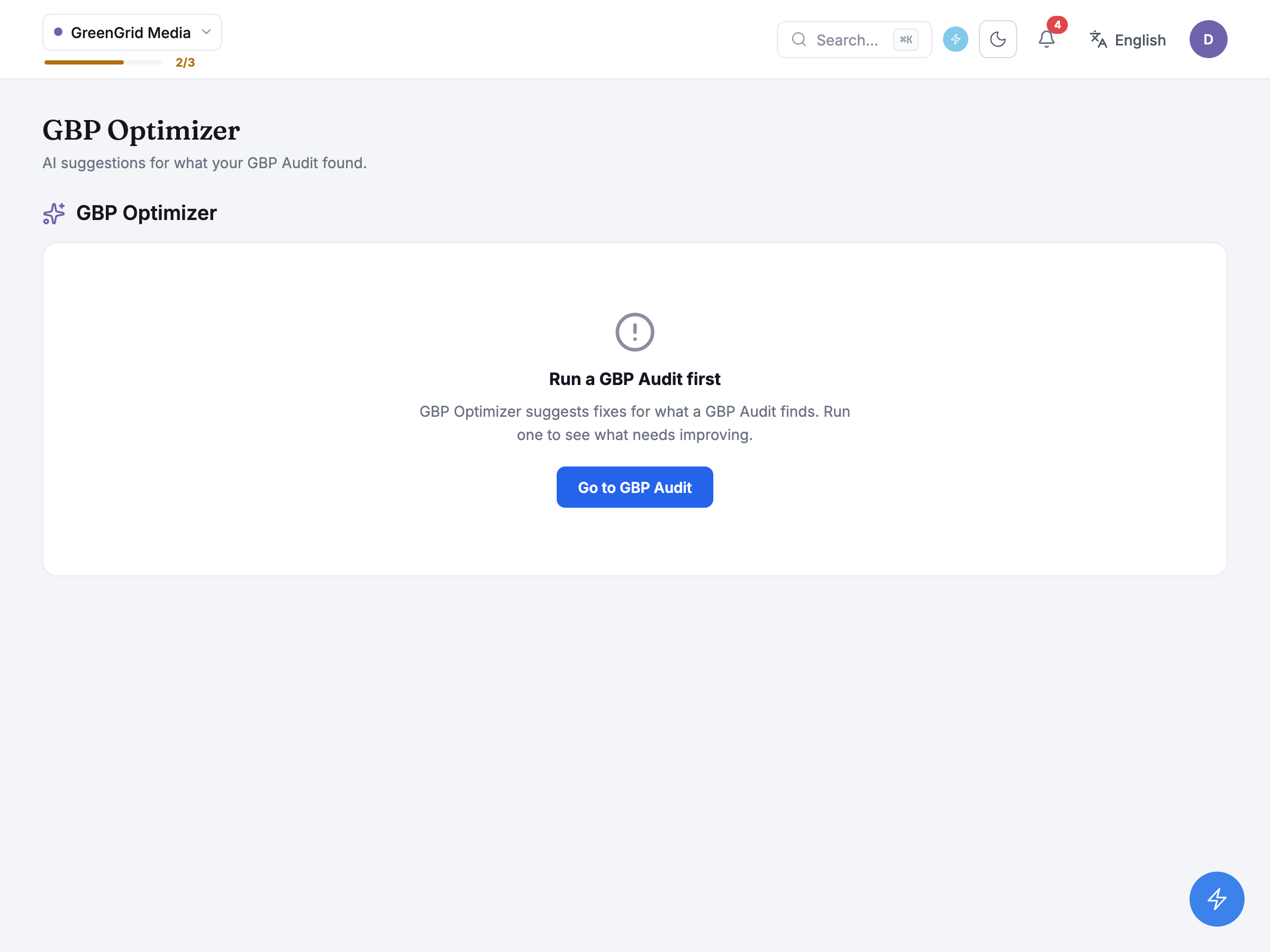 GBP Optimizer with no resolved audit, showing the Run a GBP Audit first panel
