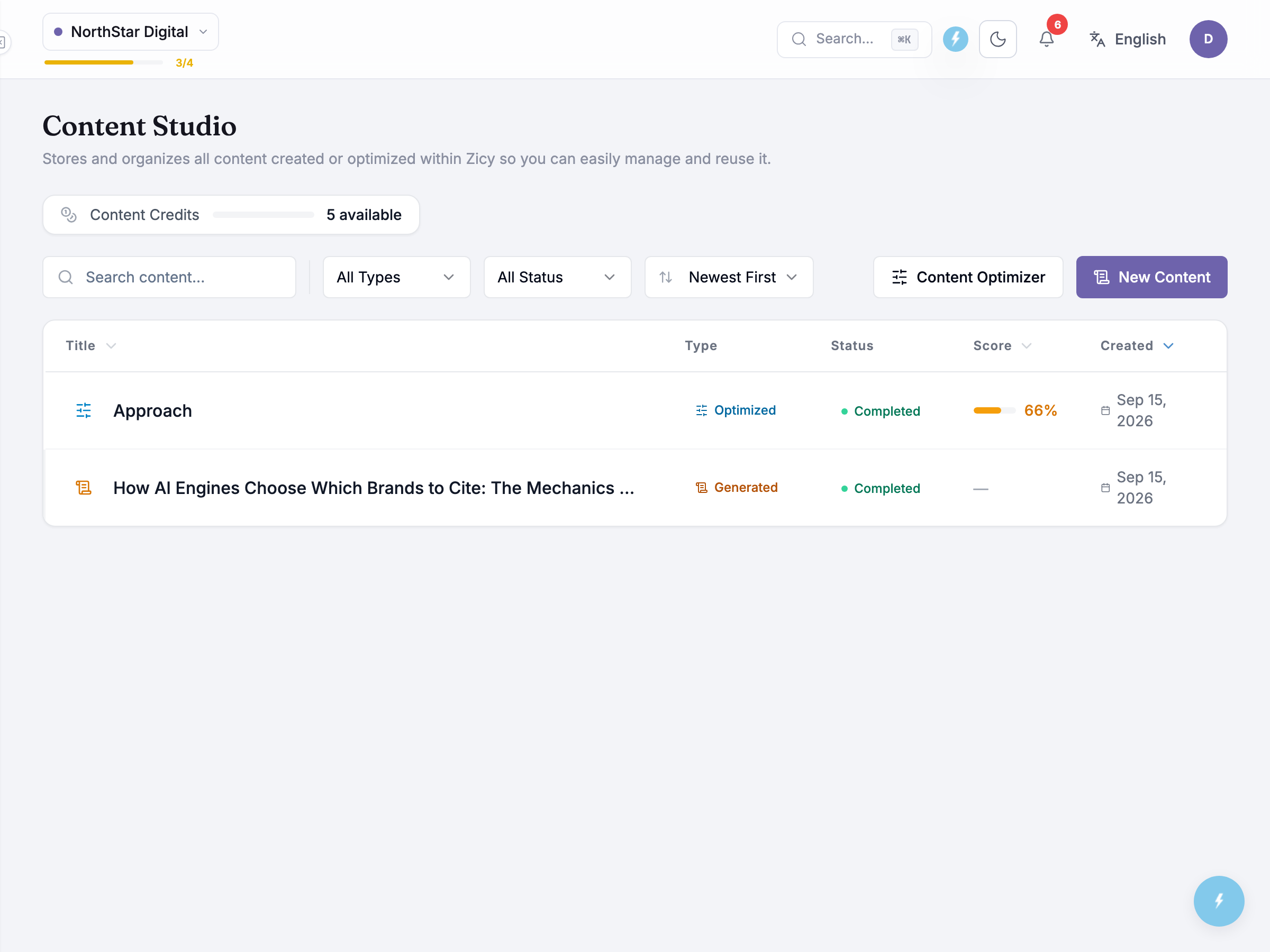 Content Studio’s library table with one optimised and one generated row, the Content Credits card and the filter bar