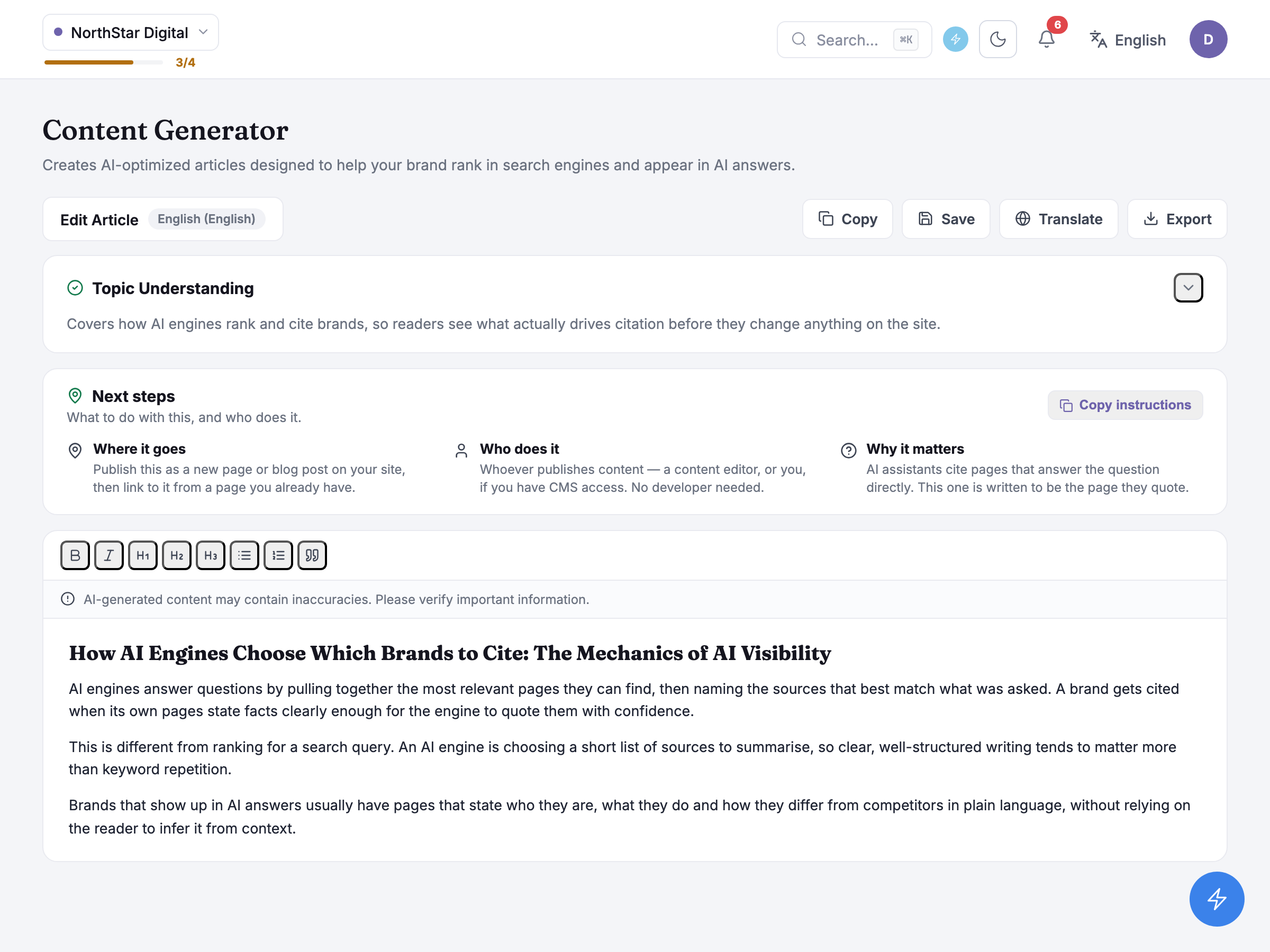 Finished instant article open in the editor: the Edit Article toolbar with Copy, Save, Translate and Export, the Topic Understanding card, the Next steps card and the draft below