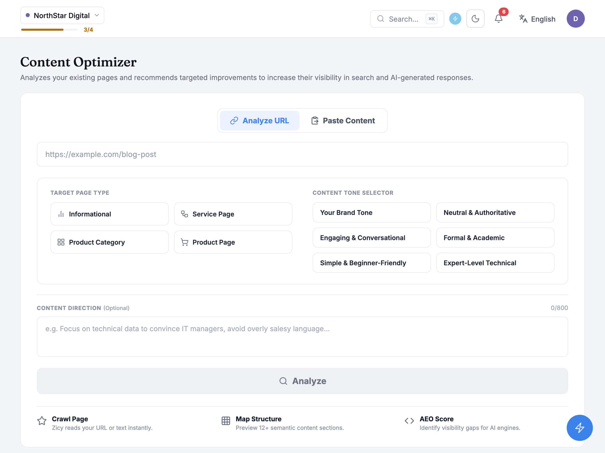 Content Optimizer input step with the URL and Paste Content tabs, page context card and Analyze button