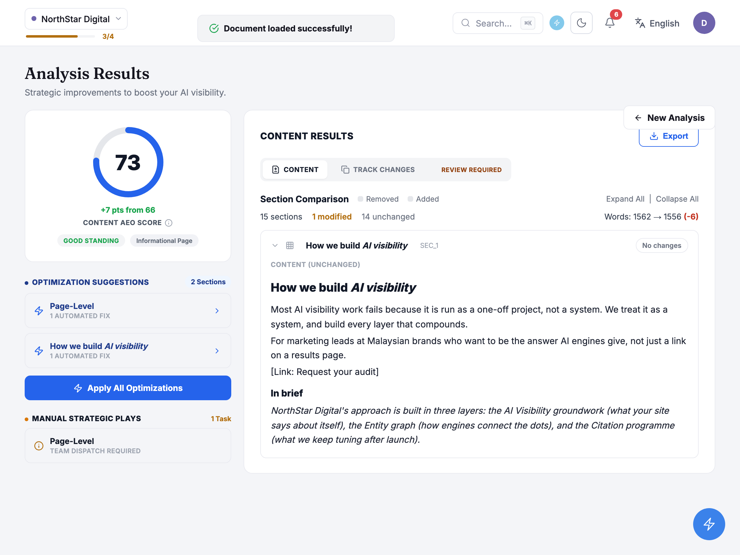 Content Optimizer results view with the Content AEO Score card, Optimization Suggestions and Manual Strategic Plays