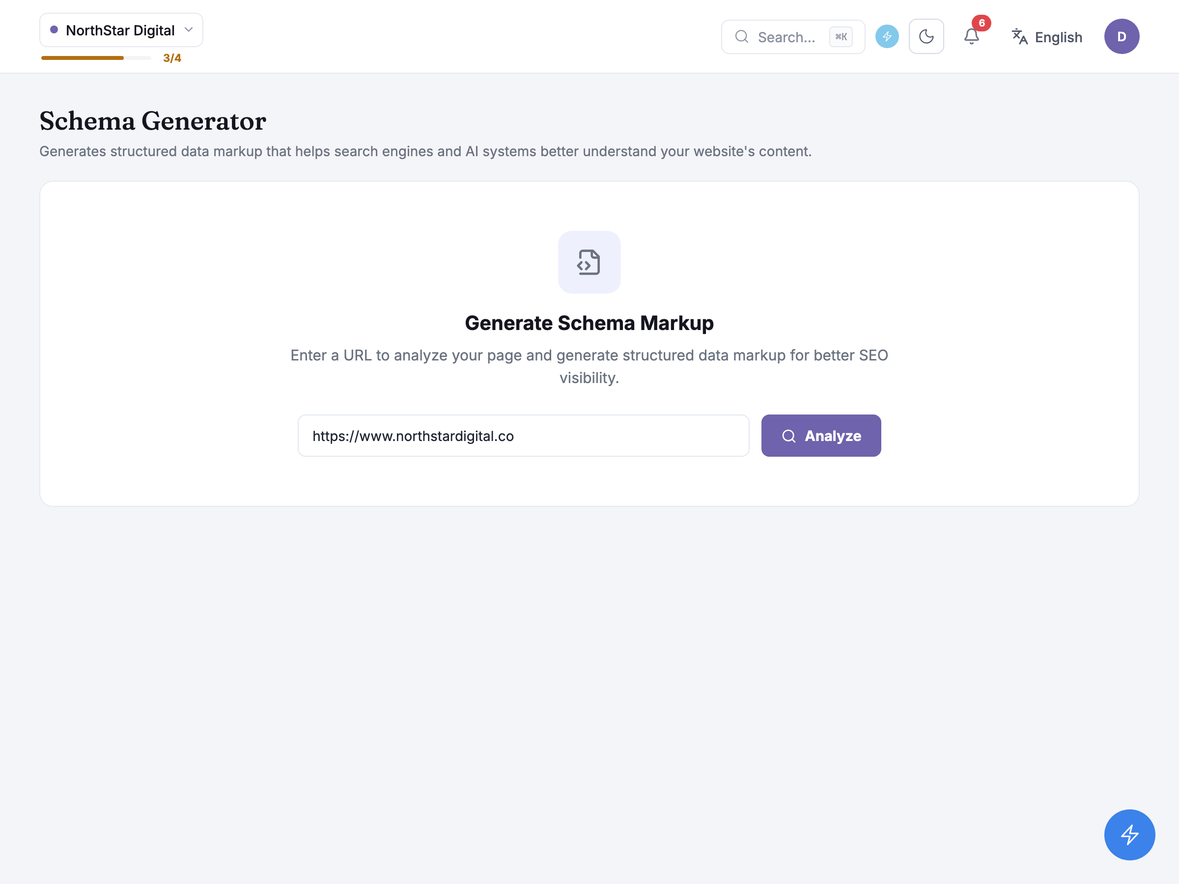 Generate Schema Markup card with the URL field prefilled and the Analyze button