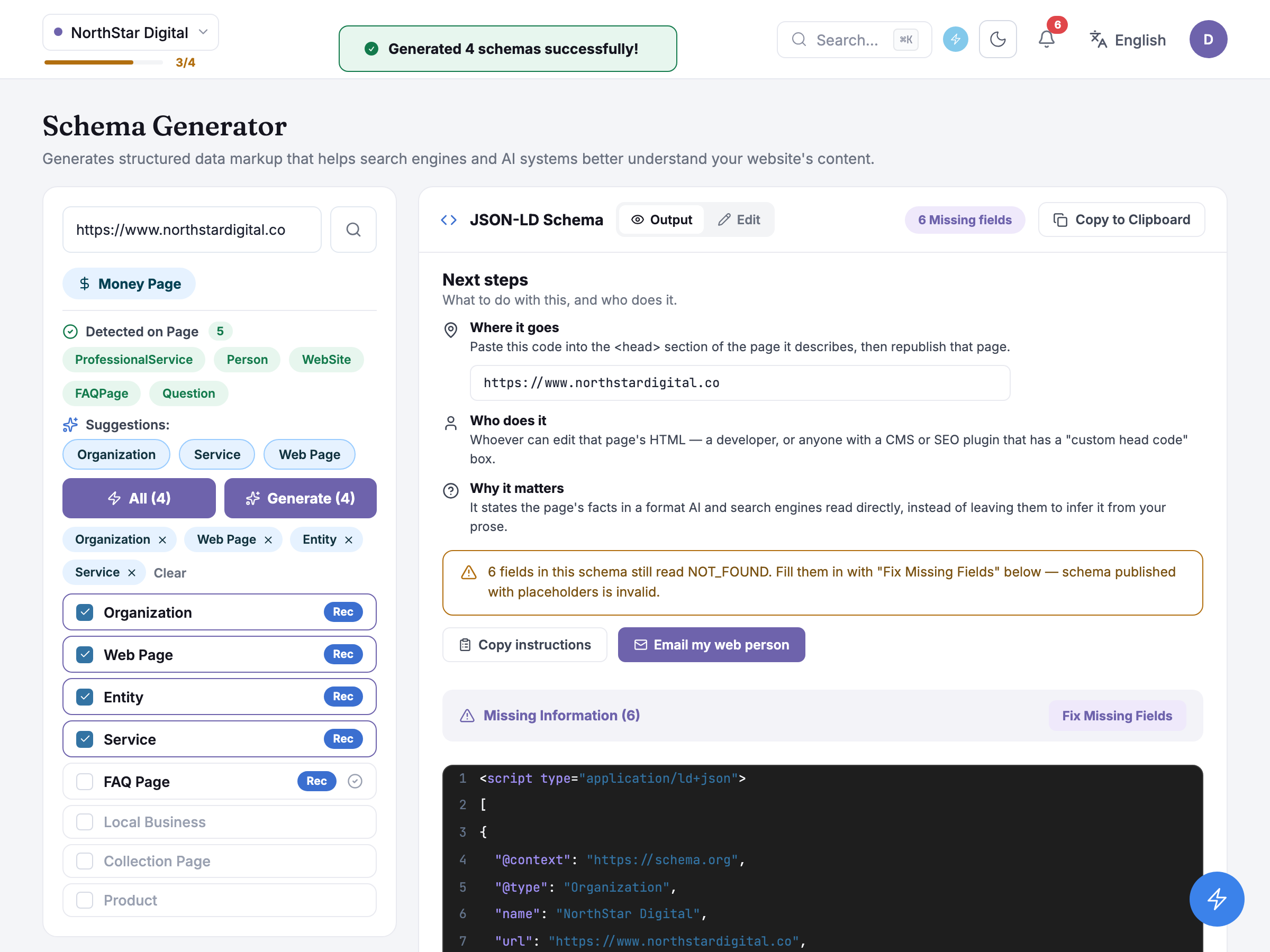 Schema Generator after Generate: the JSON-LD Schema panel with Output and Edit tabs, the missing-fields banner, the Next steps card and the highlighted markup