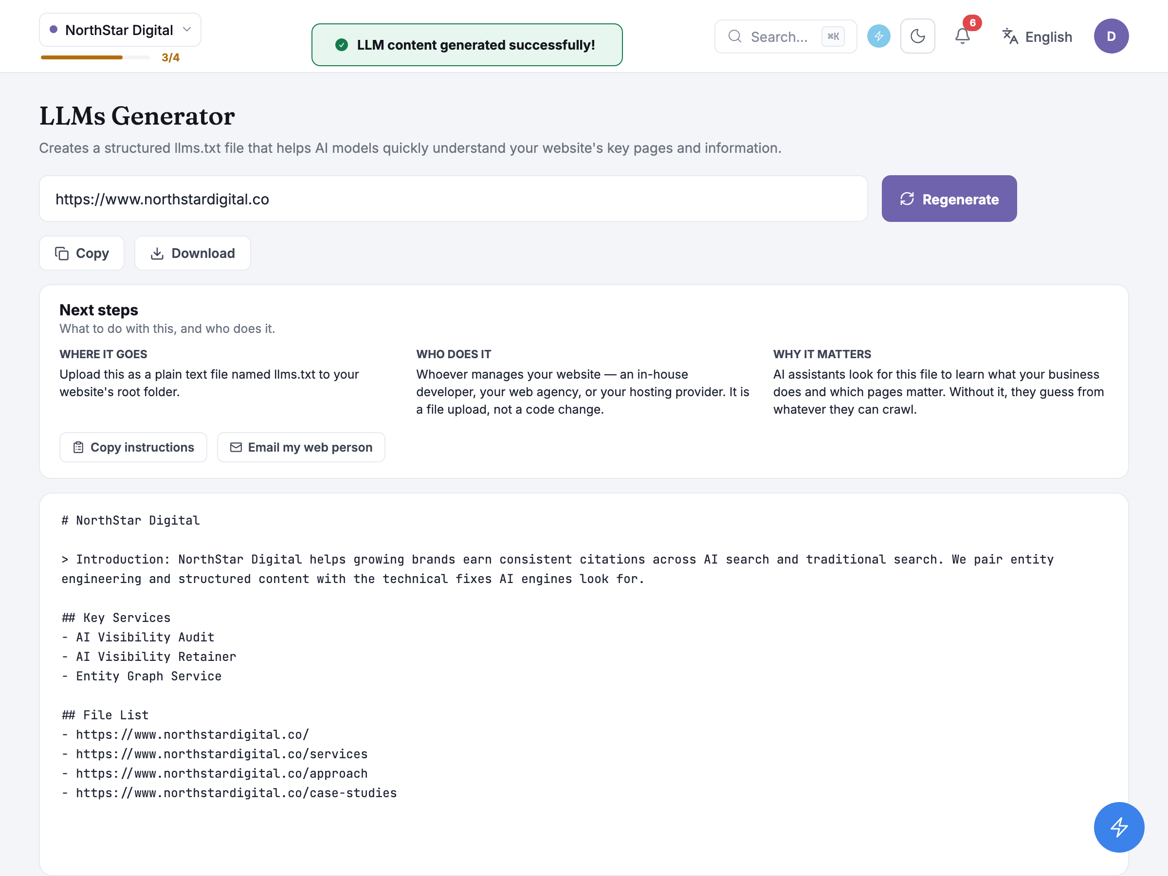 The generated llms.txt file with Regenerate, Copy and Download above it, the Next steps card and the file body